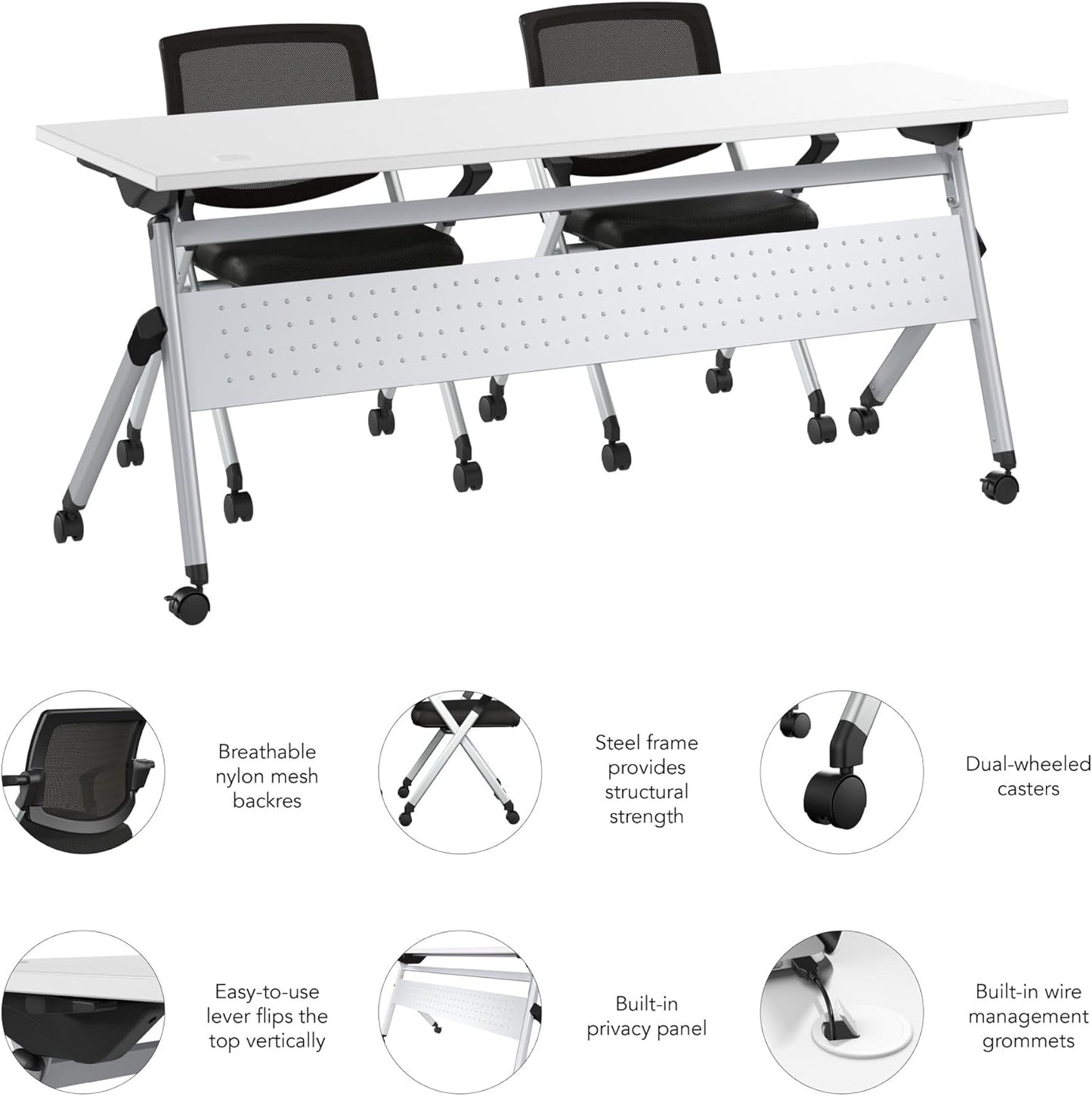 Bush Business Furniture Folding Training Table Set for 2, 72 inch, 2 Mesh Back Folding Chairs with Arms, Commercial-Grade Bundle for Office or Classroom, Envision Collection, White