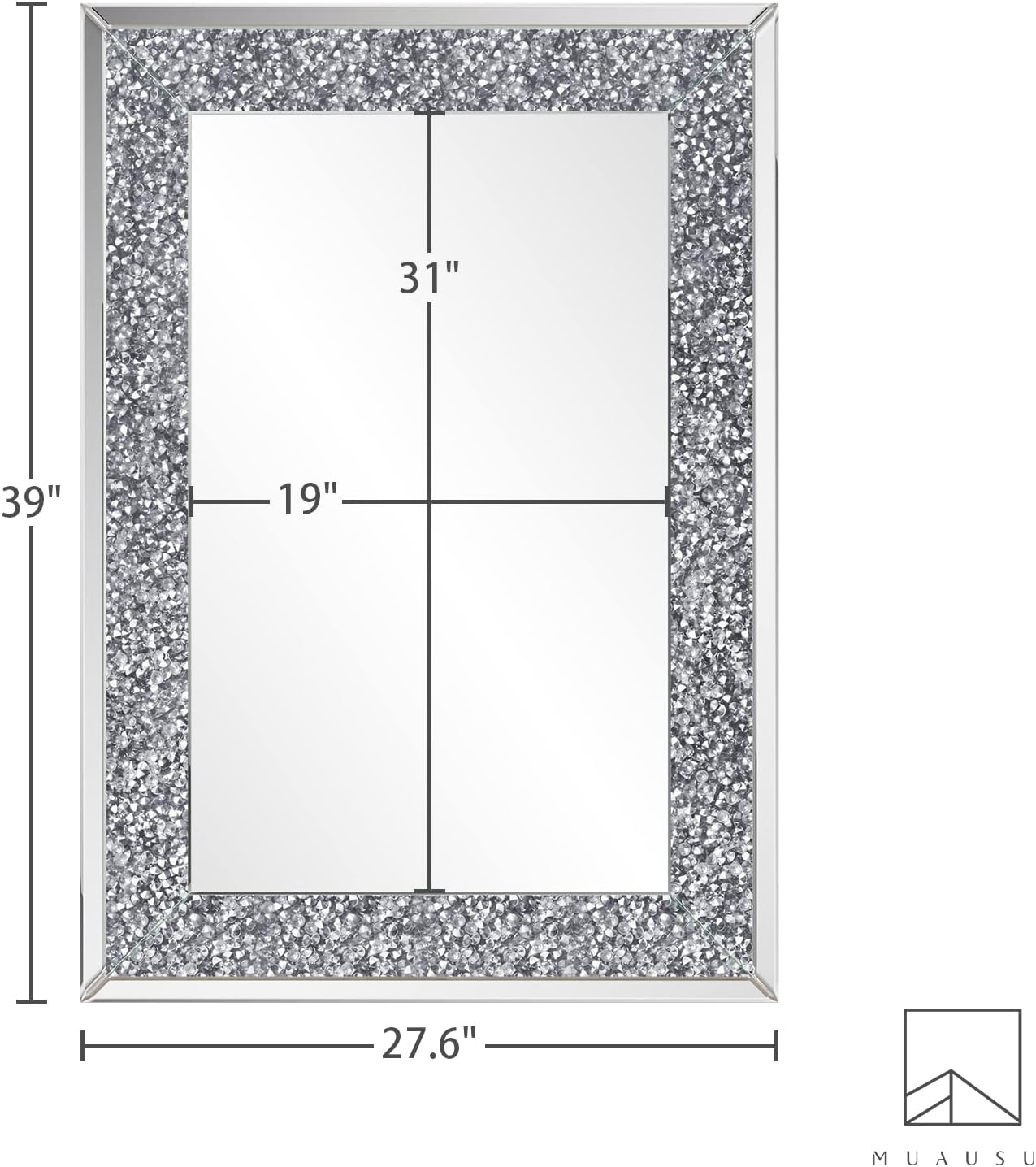 Crystal Crush Diamond Mirror-40 x28 Silver Mirror, Gorgeous Wall Mirror, Rectangle Mirrors for Wall Bathroom, Bedroom, Dining Room and Living Room