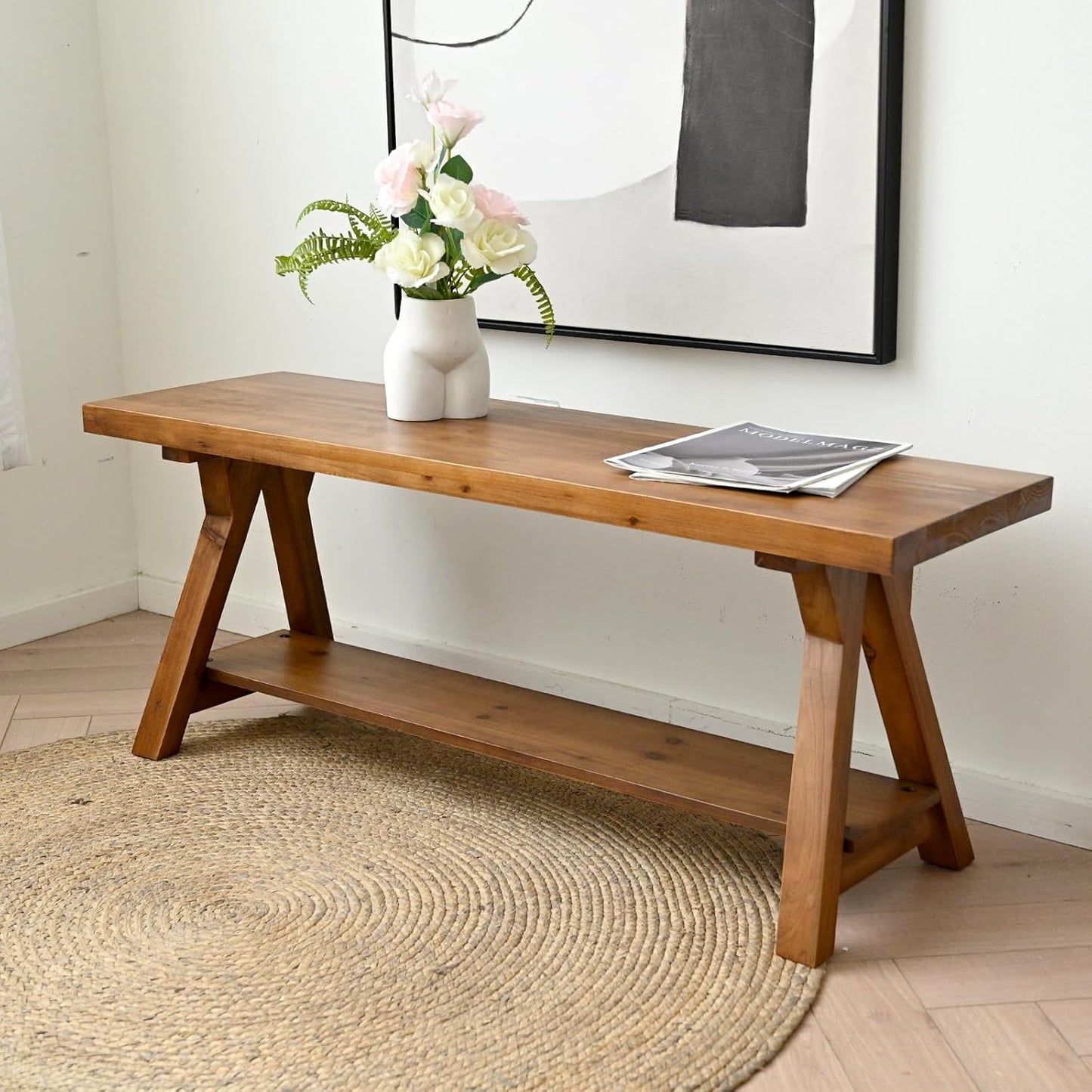 43 Inch Farmhouse Storage Bench, Rustic Solid Wood Entryway Bench for Living Room, Dining Room, Hallway | Indoor Seating with Natural Wood Finish