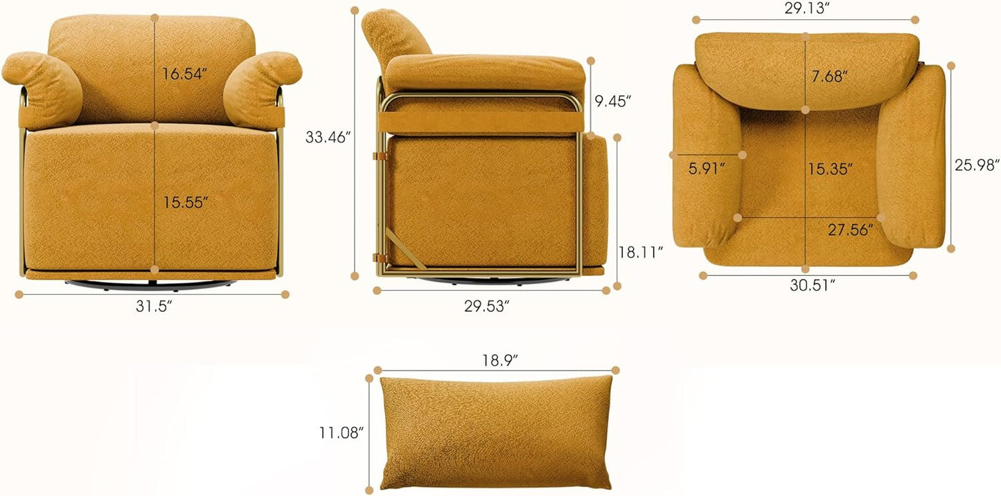 KEIKI Modern Comfy Swivel Accent Reading Chair with Waist Pillows, 360°Square Upholstered Barrel Armchair Single Club Lounge Sofa Chairs for Living Room,Bedroom,Office,Orange