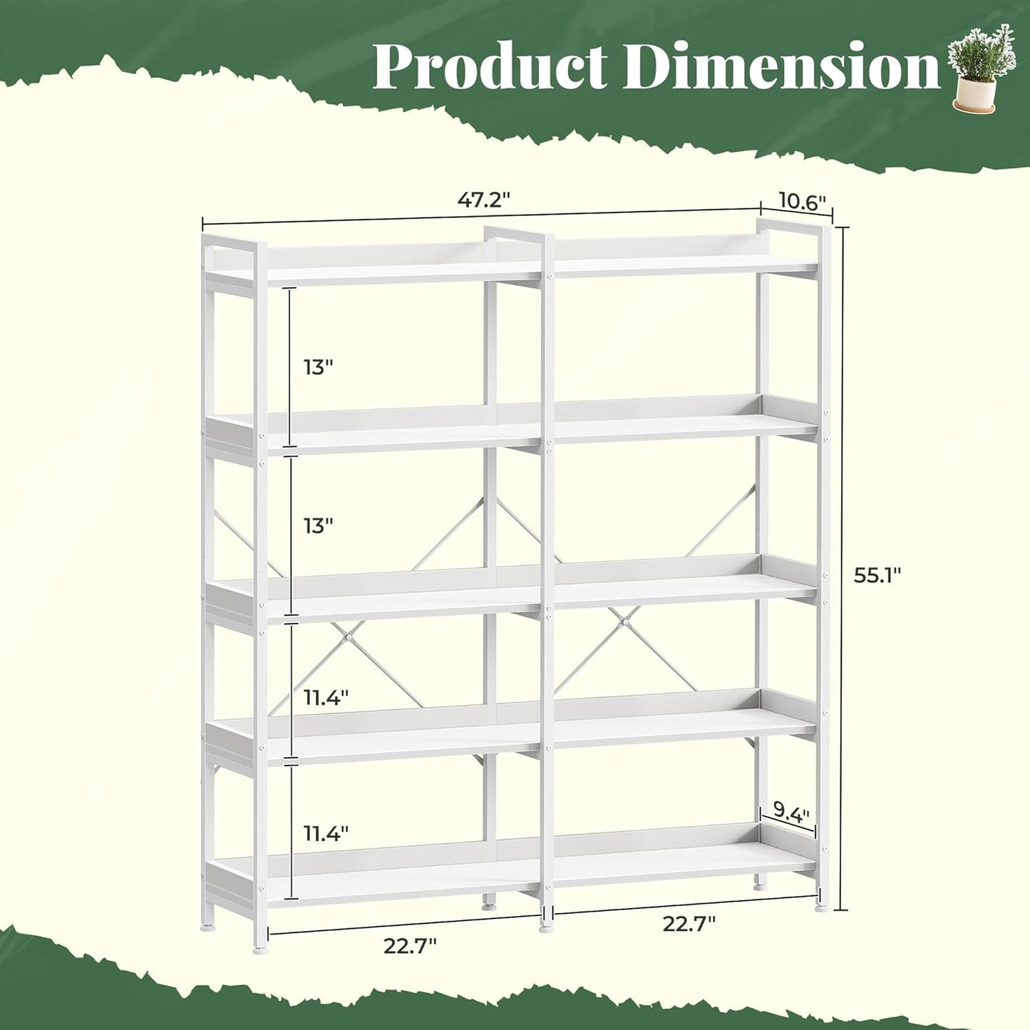 Huuger 5 Tier Bookshelf, Display Bookshelf with 10 Open Shelves and Raised Baffle, 47.2 Inch Straight Wide Bookcase with Metal Frame and Wooden Board, Adjustable Feet, White