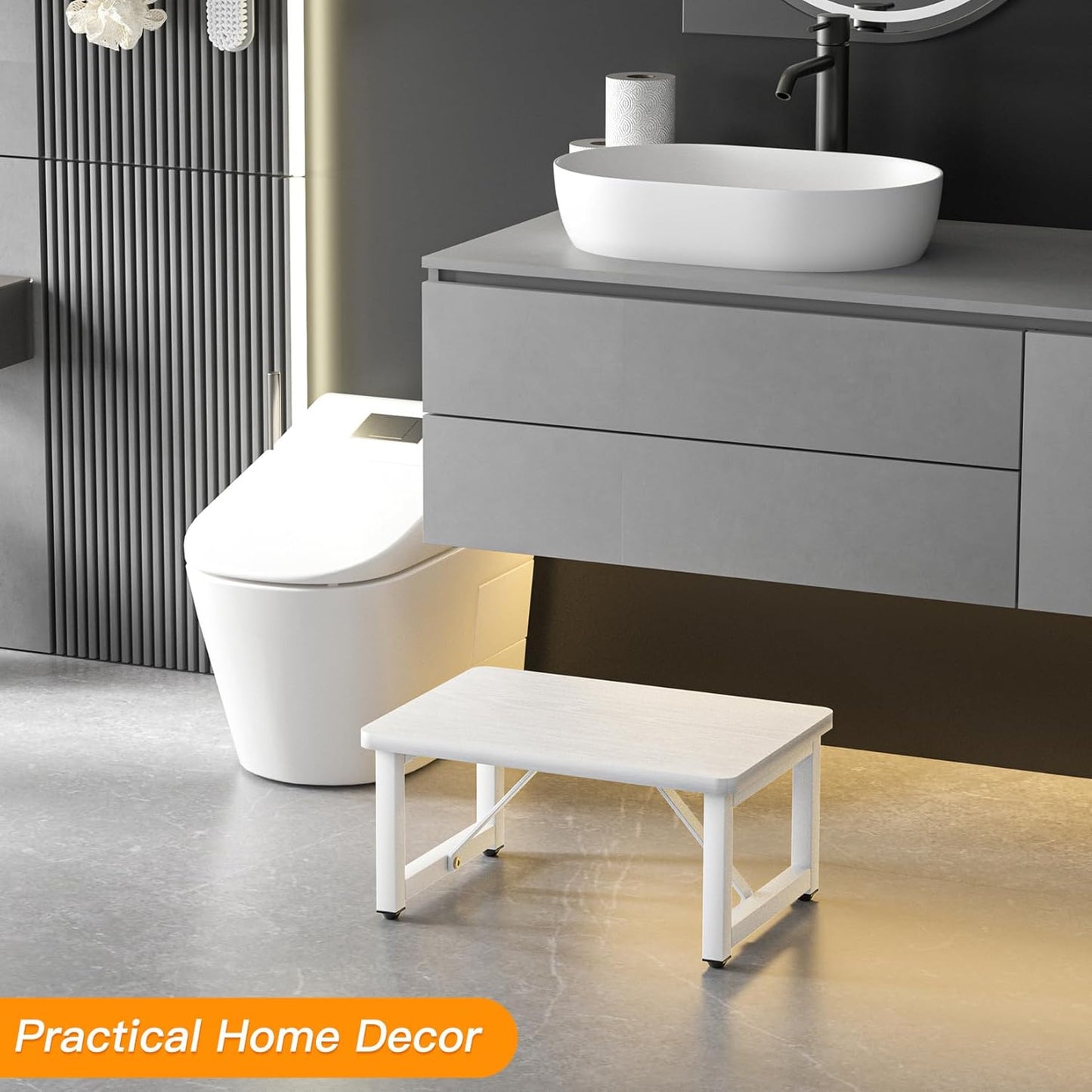 Step Stool, Small Step Stool for Adults, Wood and Metal Foot Stool, One Stepping Stool for Bedside Sofa Side, 400 LBS Load Heavy Duty Step, White