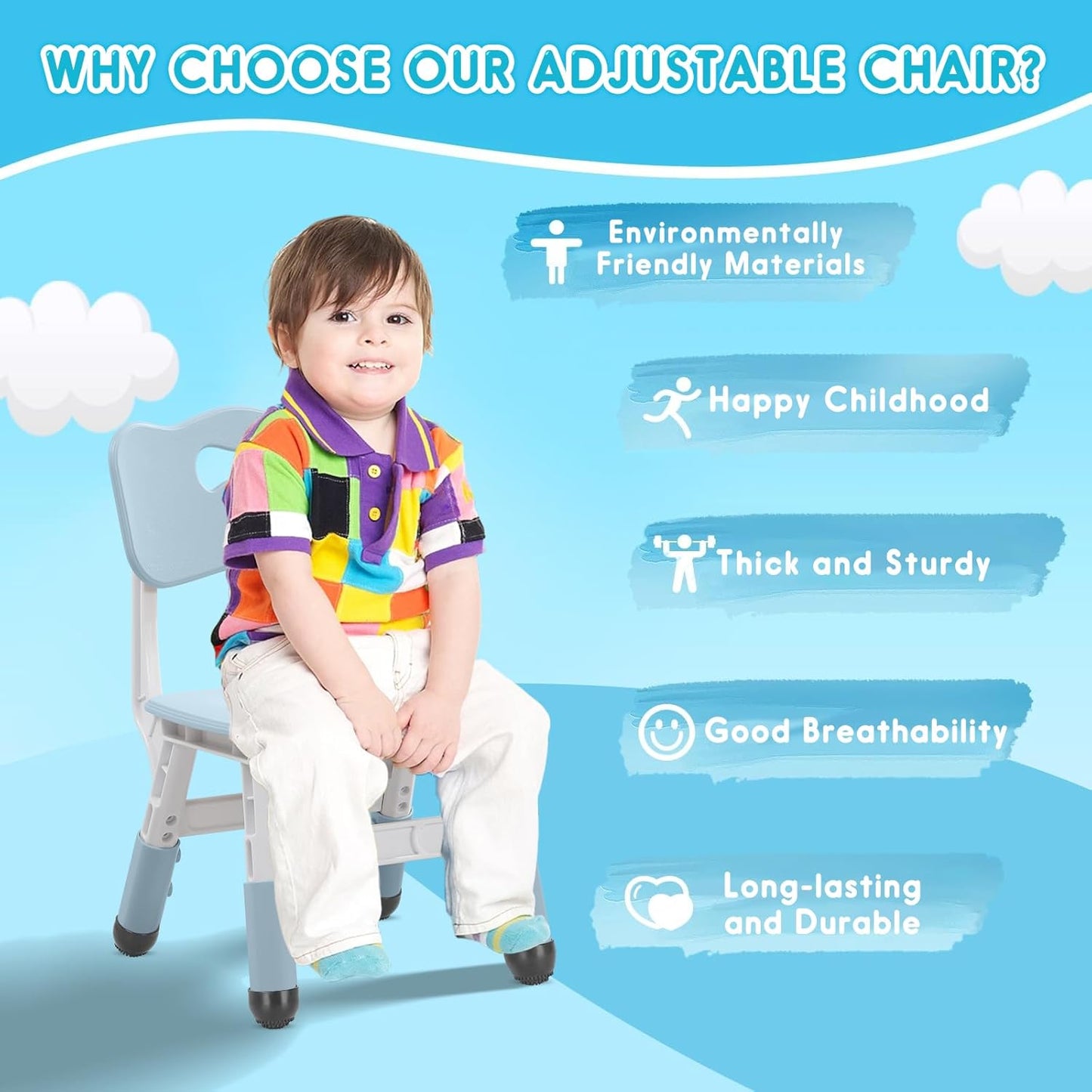 Kids Height Adjustable Toddler Chair Max Load 220LBS Plastic Indoor Outdoor for Children Age 1-6 School Home Daycare Use Bluegrey