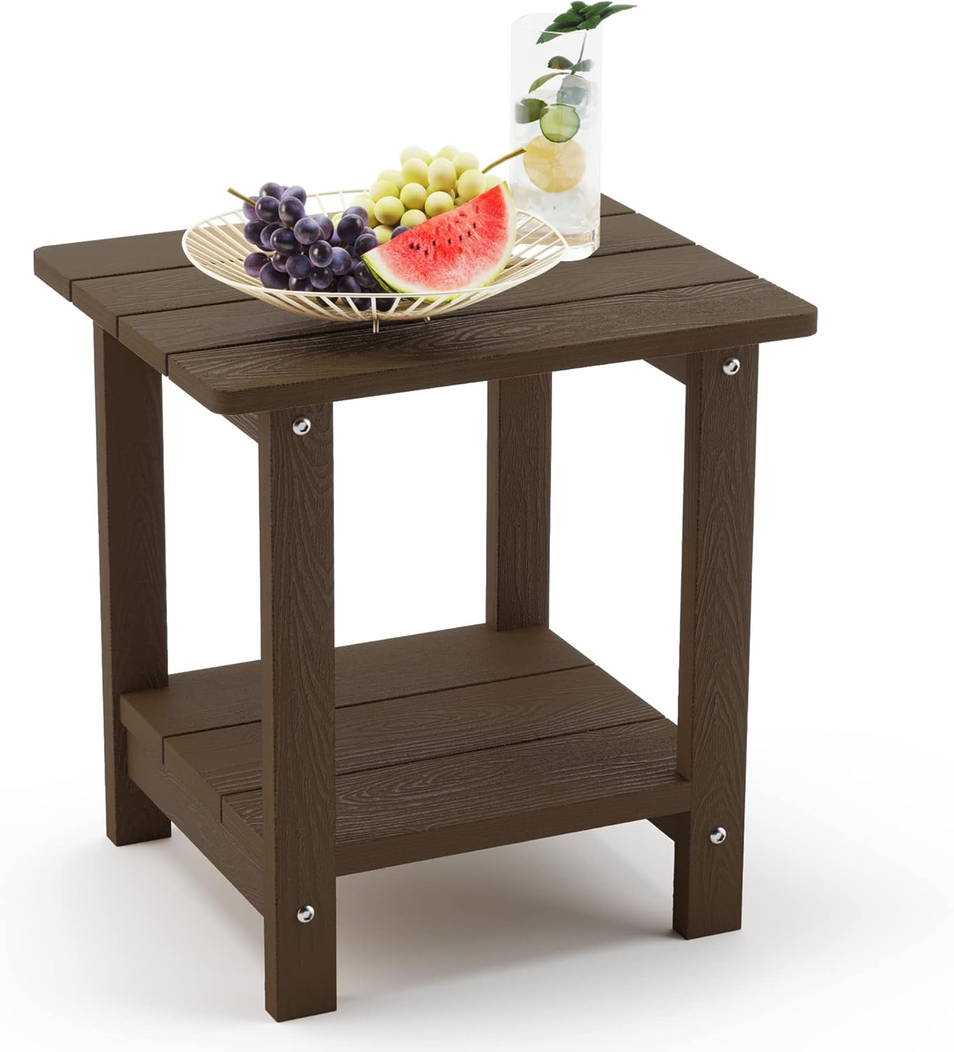 LUE BONA Adirondack Outdoor Side Table, 2-Tier Dark Brown HDPS Patio End Table Weather Resistant,Outdoor Morden Side Table for Patio, Pool, Porch