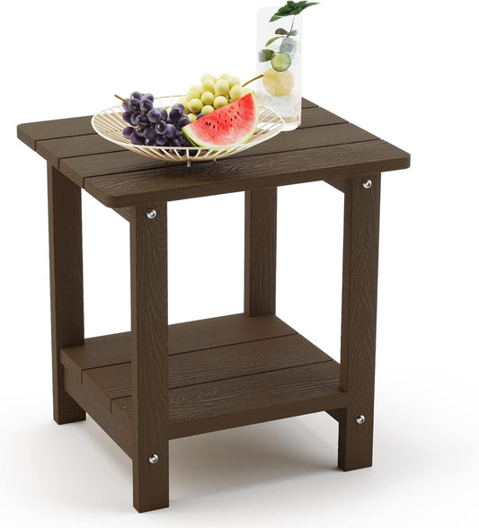 LUE BONA Adirondack Outdoor Side Table, 2-Tier Dark Brown HDPS Patio End Table Weather Resistant,Outdoor Morden Side Table for Patio, Pool, Porch