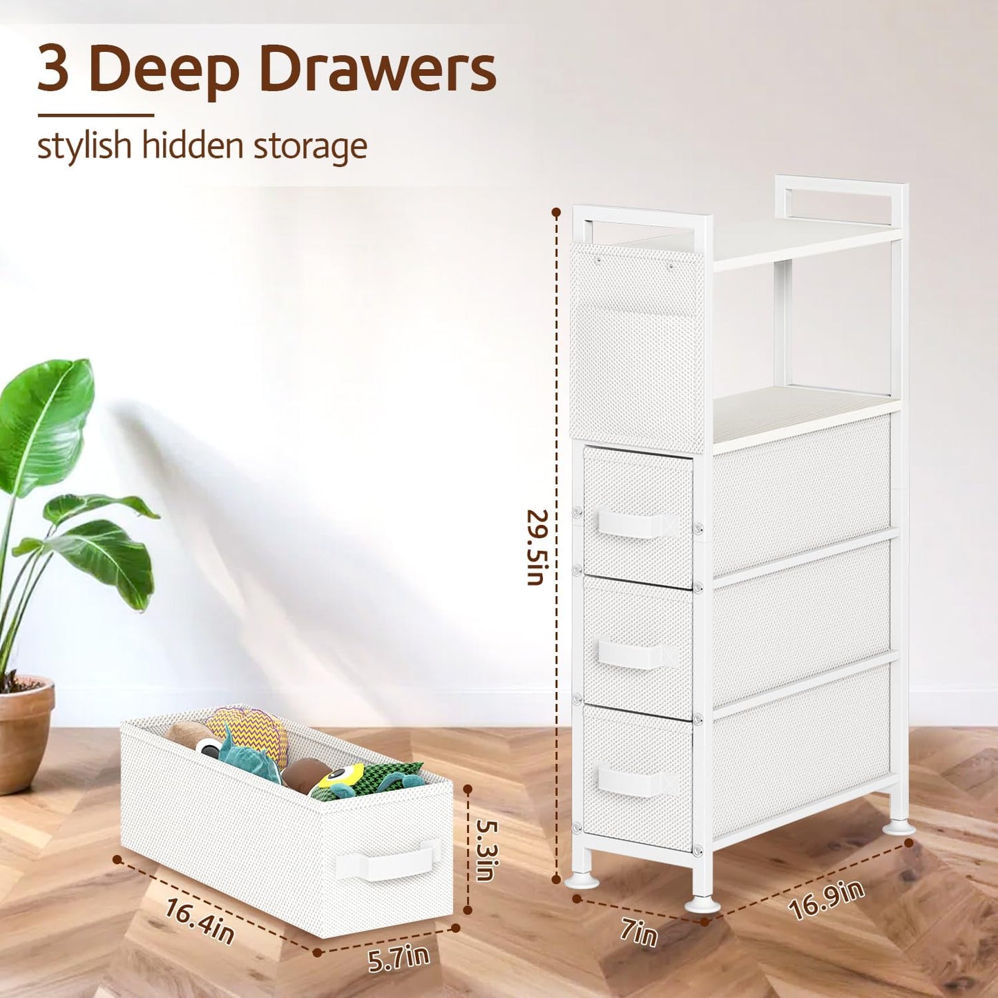 3 Drawer Small Narrow Side End Table for Small Spaces, Slim Nightstand Bedside Sofa Table with Wheels, Space Saving Skinny Thin Couch Desk with Storage Bag for Bedroom Living Room Bathroom,White