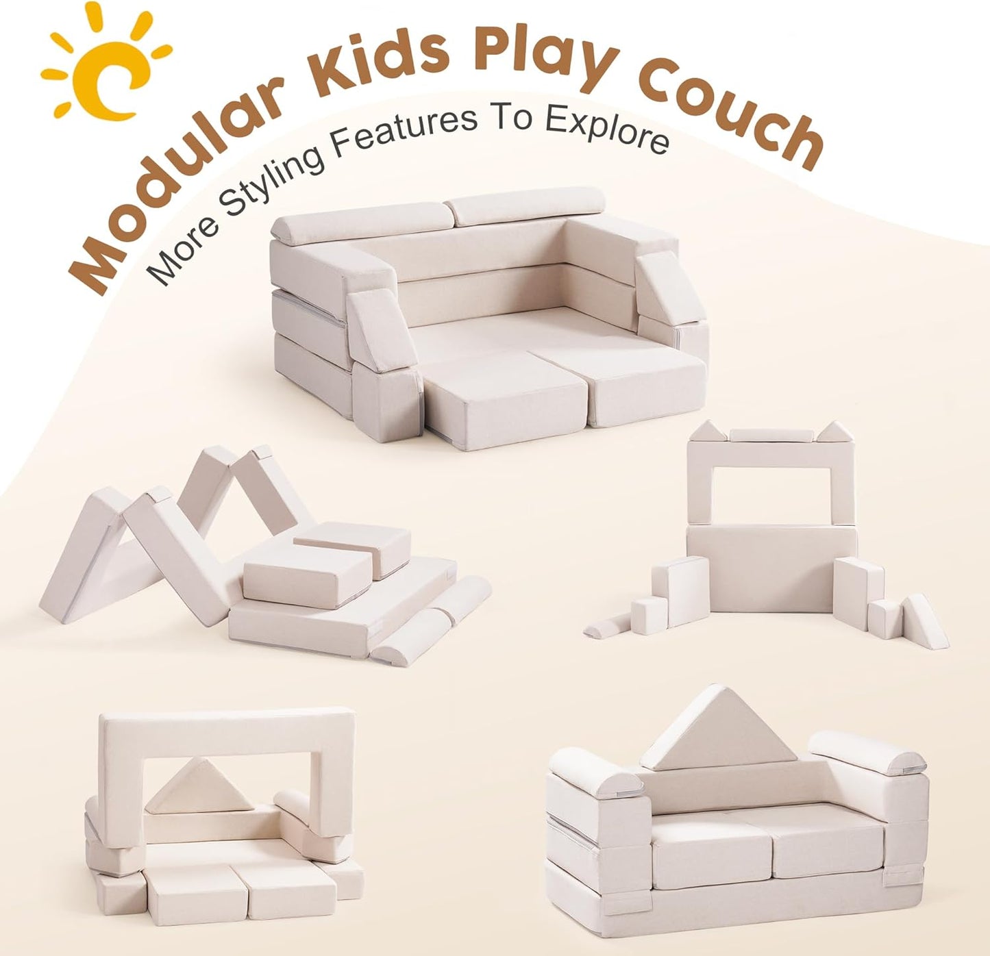 ROBOTIME Modular Play Couch for Kids, Convertible Toddler Sofa with Washable Covers, Versatile Foam Kids Couch for Playroom Forts, Lounging & Creative Play (for Ages 3+)