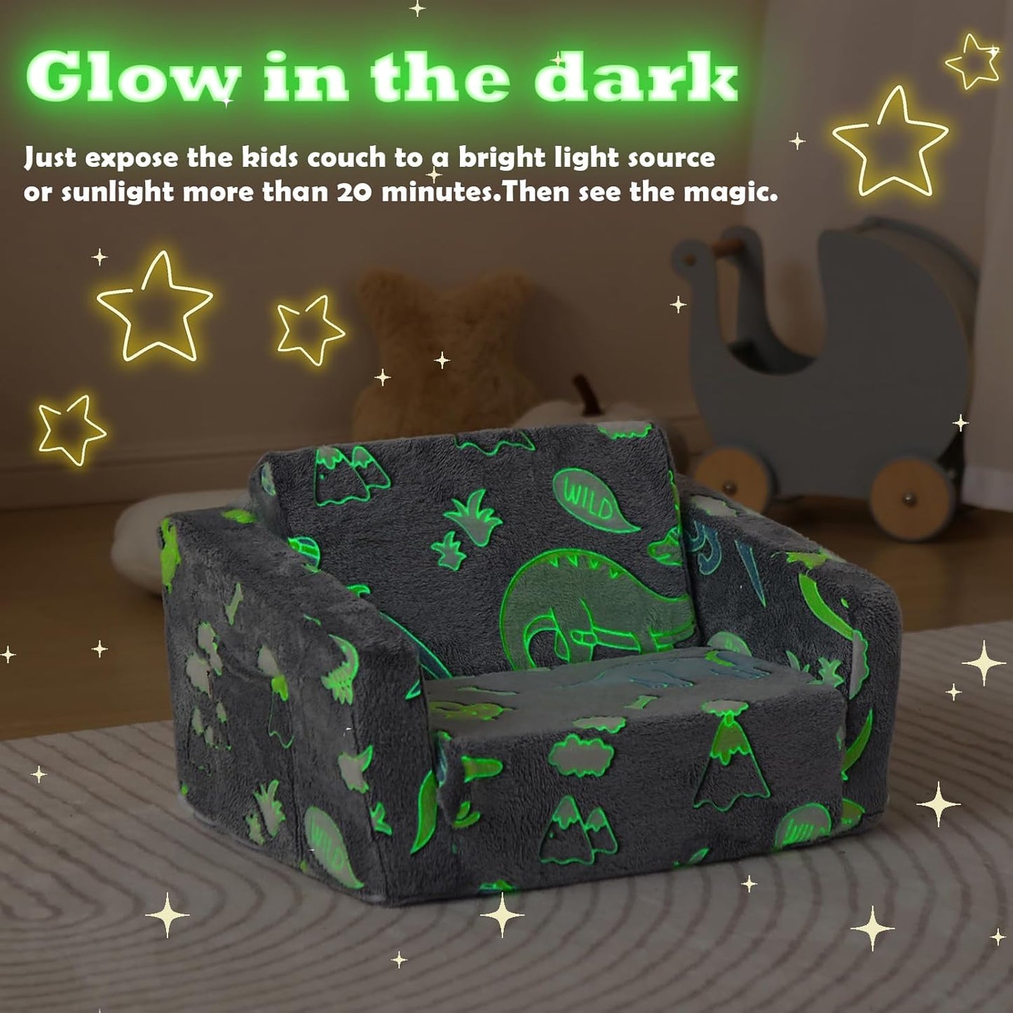 Toddler Couch Fold Out, Foldable Kids Couch with Blanket, Flip Out Toddler Chair, Foam Sofa for Girls & Boys, Convertible Sofa to Lounger for Children Age 1-3 (Glow Dino Grey)