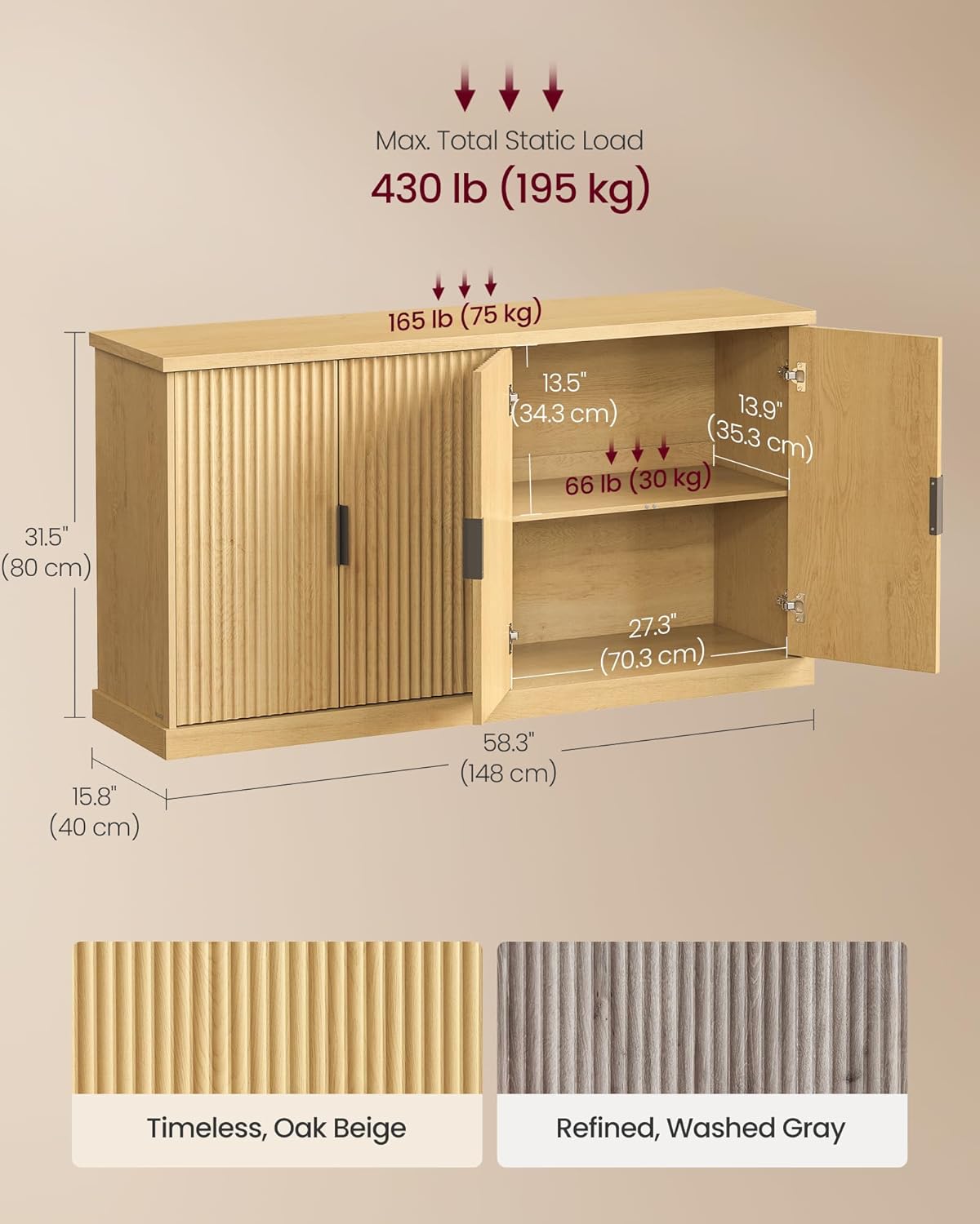 VASAGLE MAXE Collection - Buffet Cabinet, Console Cabinet, Sideboard with Adjustable Shelves, Fluted Doors, Transitional, Kitchen Pantry, Oak Beige UBBK382Y01S