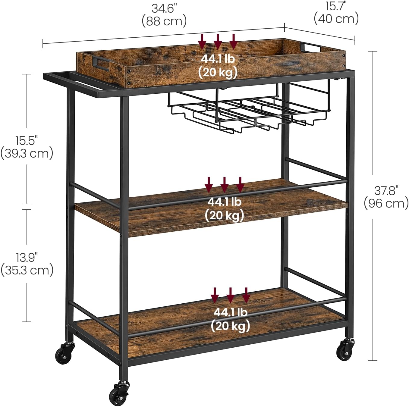 VASAGLE Kitchen Serving Cart with Removable Tray, 3-Tier Kitchen Utility Cart on Wheels with Storage, with Brakes, Leveling Feet, 15.7 x 34.6 x 37.8 Inches, Rustic Brown and Black ULRC093B01