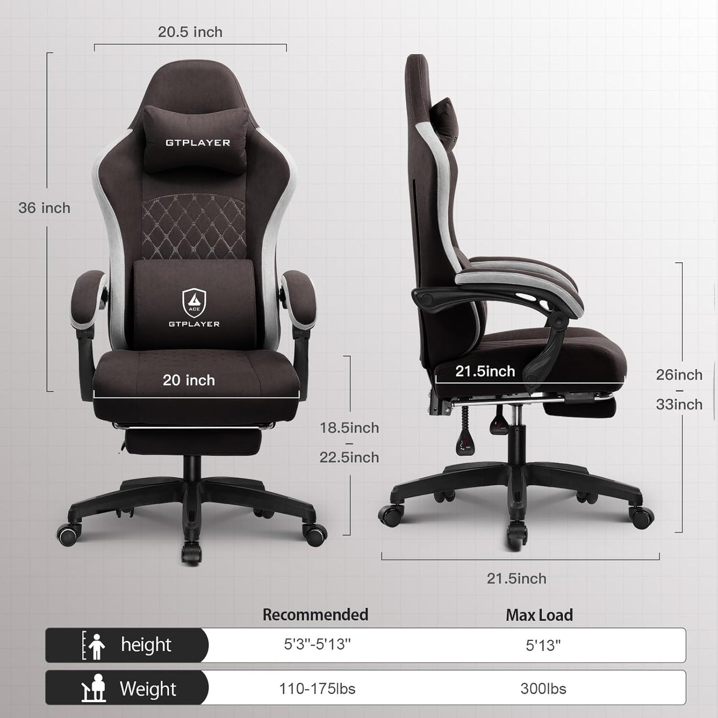 GTPLAYER Gaming Chair with Footrest Fabric Office Chair with Pocket Spring Cushion and Linkage Armrests, High Back Ergonomic Computer Chair with Lumbar Support Task Chair Brown