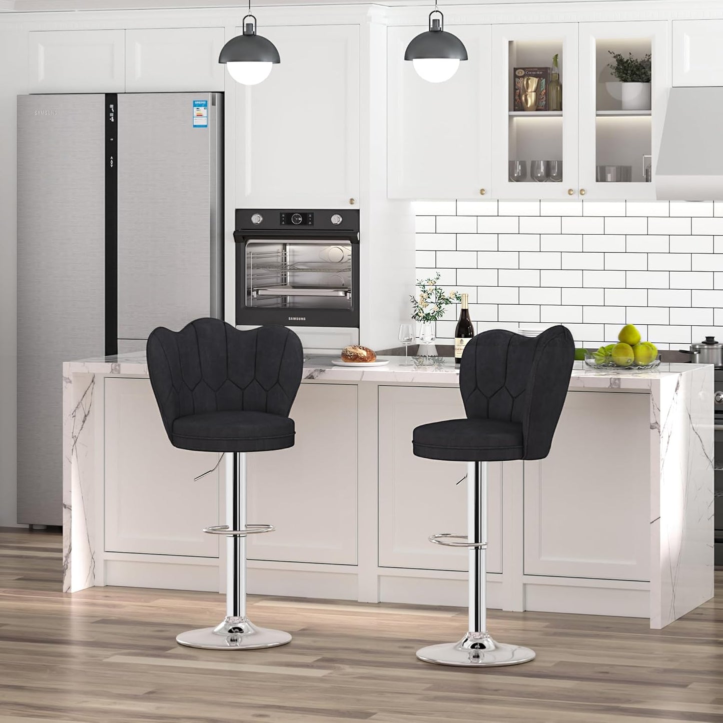 VECELO Bar Stools Set of 4, Adjustable Barstools with Back, Velvet Armless Counter Height Stool Kitchen Island Stool Swivel Bar Chairs for Pub Dining Room Living Room, Black