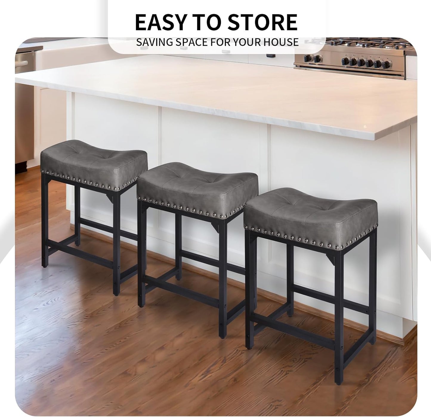 Counter Height Bar Stools Set of 3, Stools for Kitchen Island Set of 3, 24 Inch Counter Stool Saddle Backless Barstools for Kitchen Counter -Grey