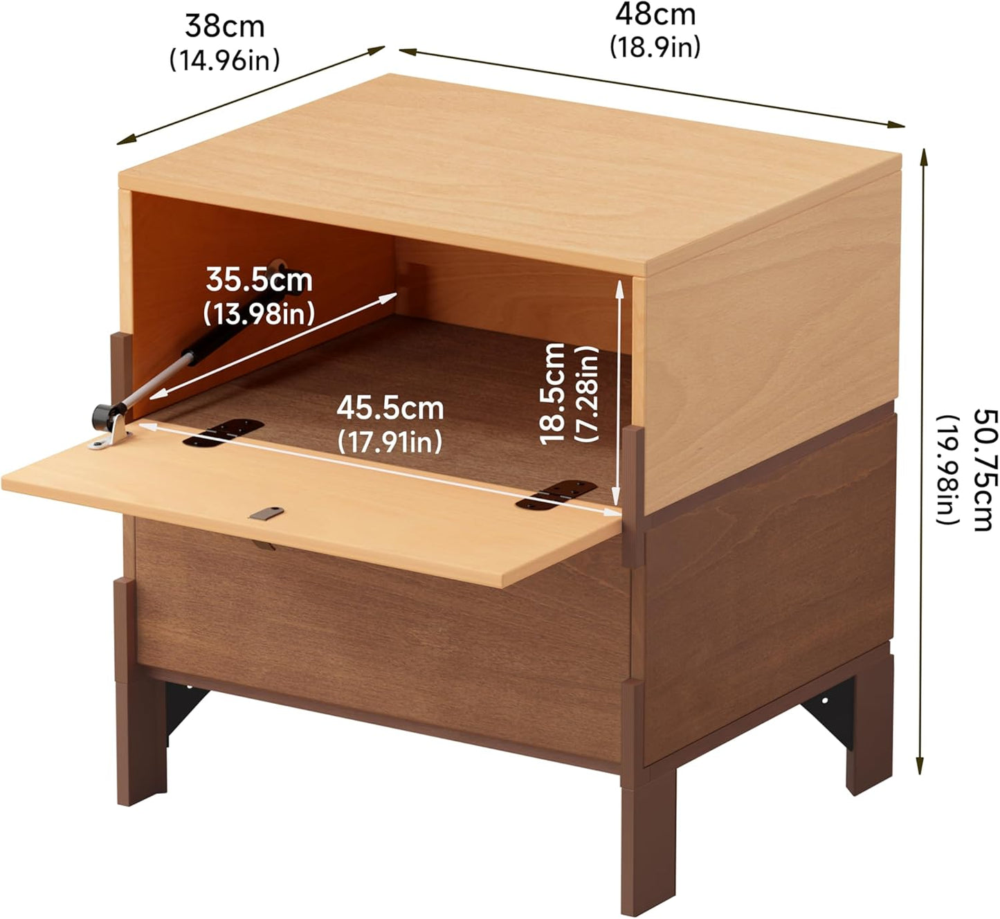 Sebastack Night Stand, Customizable 2 Drawers Bedside Table, End Table, Side Table for Bedroom, Dormitory, Mid-Century Style Wood Chest of Furnitures, Beech and Walnut Color Combo