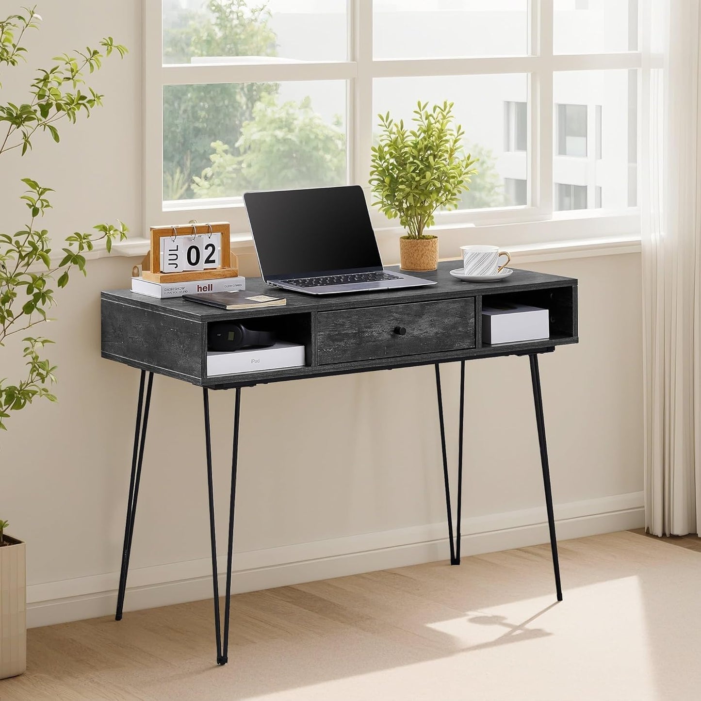 VECELO 39.3" Home Office Work Table with Drawers,Computer Desk with Hairpin Leg for Writing/Study,Classic Grey