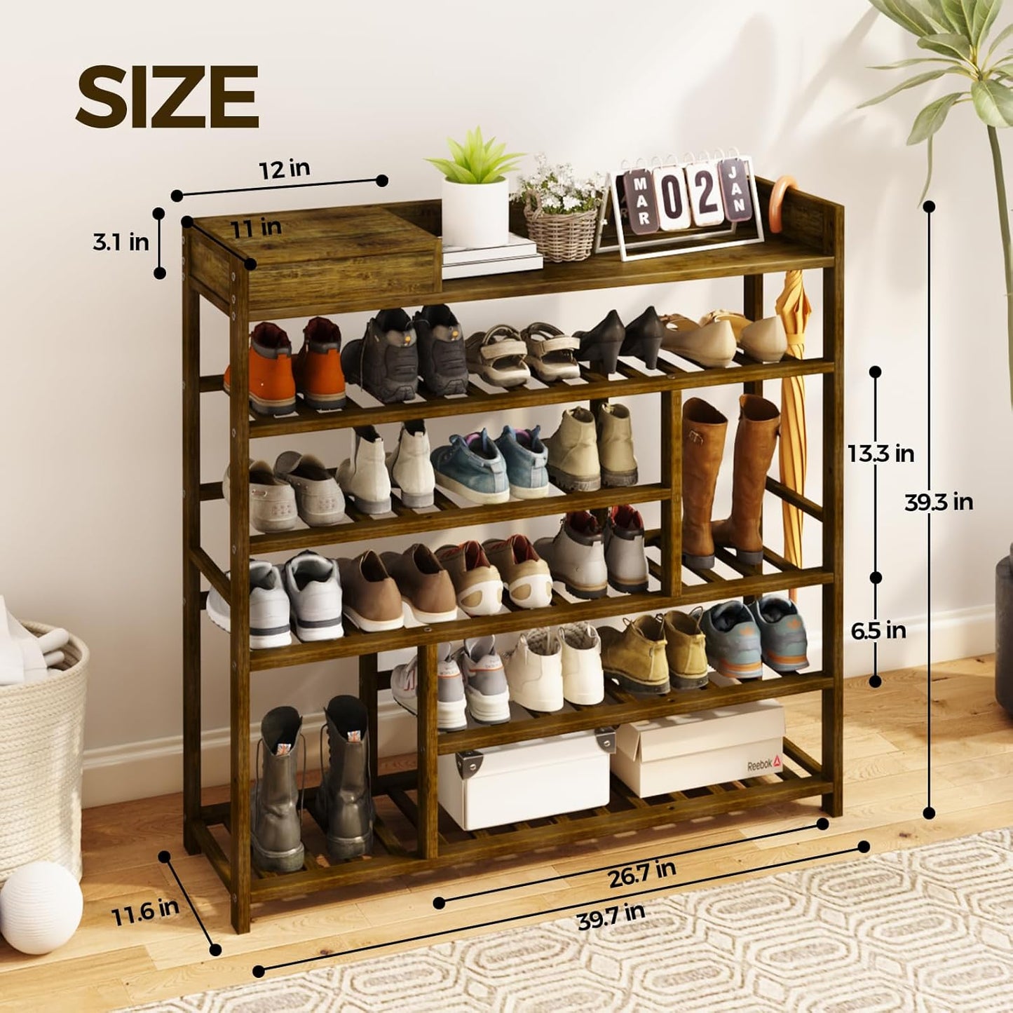 Bamworld Shoe Rack for Front Door Entrance Bamboo Shoe Organizer with Storage Box Free Standing Shoe Cabinet Wooden Shoe Storage Shelf for entryway, Closet and Doorway (Dark Brown)