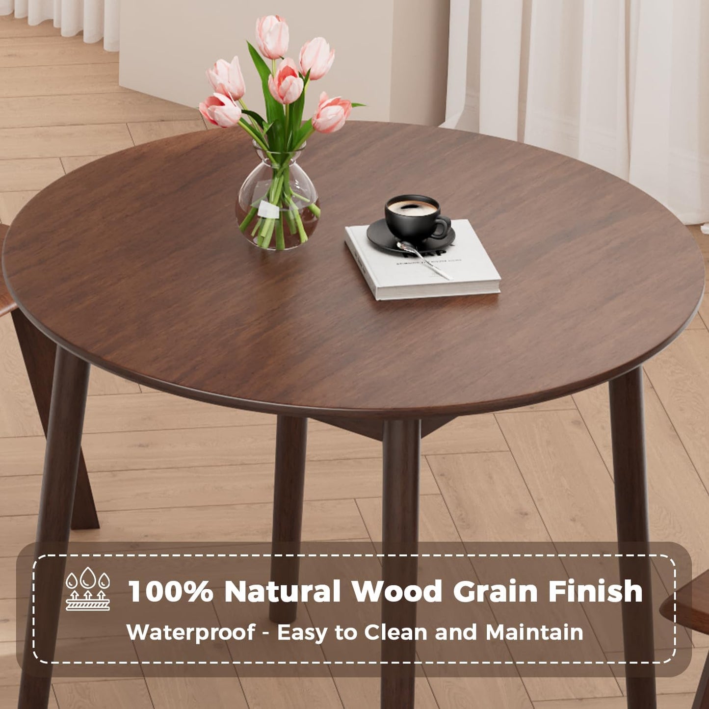 DELAVIN 31.5" Solid Wood Round Dining Table for 4, Farmhouse Small Kitchen Table for 2-4, Modern Office Table for Home Kitchen Apartment, Easy Assembly, Space Saving, Walnut