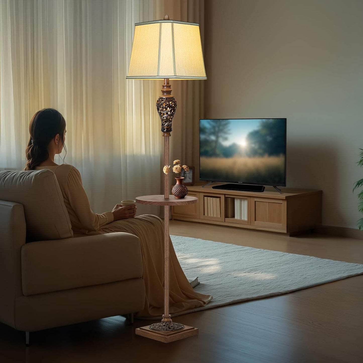 65" High Vintage Floor Lamp with Night Light and Glass Tray, Farmhouse Standing Lamp with Beige Faux Silk Shade, Retro Rustic Tall Lamp Decor for Living Room, Bedroom, Bedside, Corner (Bulb Included)