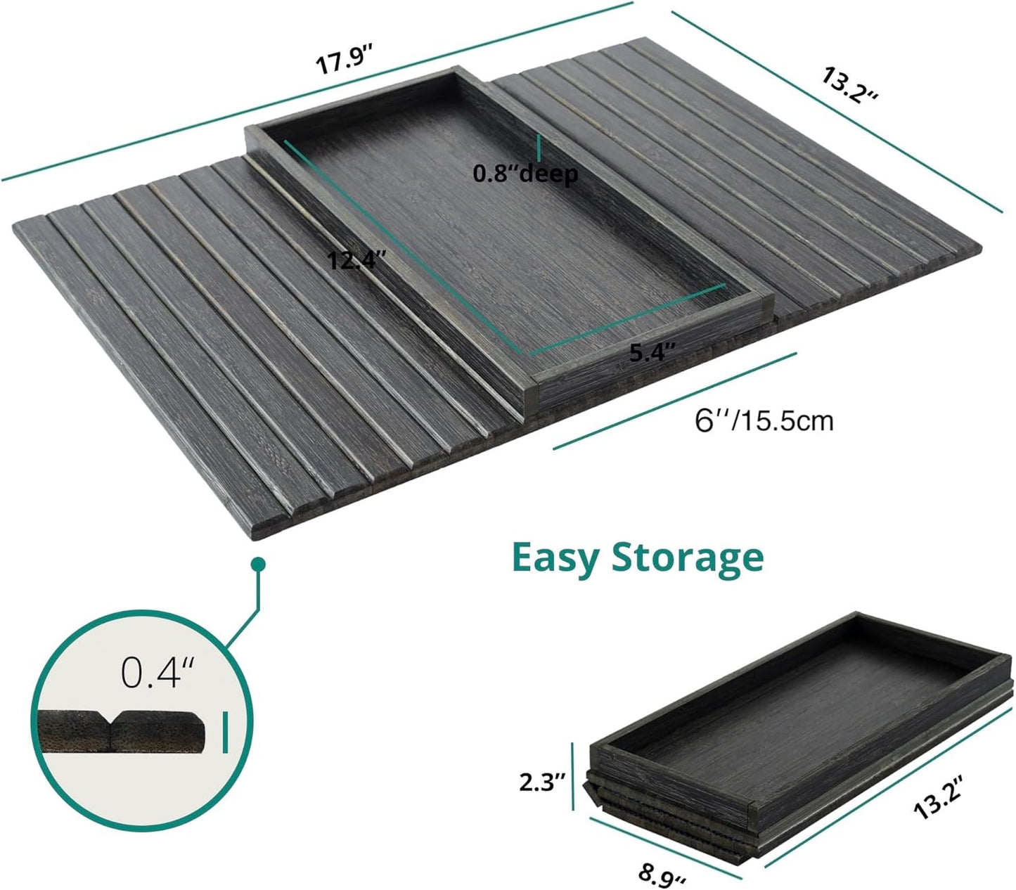 DETOR Couch Arm Tray, TV Tray with Capacious 12.4" x 5.4" Storage Box, Bamboo Grain Stained Black Color, Enhanced Nonslip Felt Bottom, Sturdy Bamboo Slats Material | for Armrests 6" and Wider