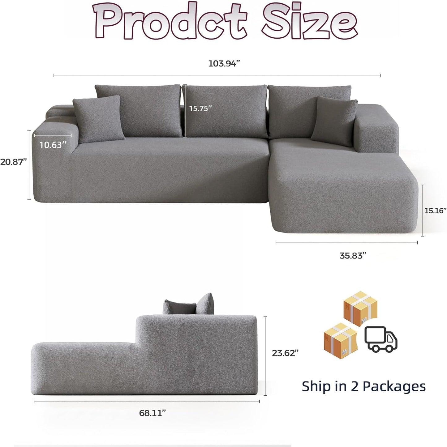 Cloud Sectional Couch, 104”L-Shape Oversized Sofa with Left Chaise Lounge, Modular Sleeper Couch with Pillows & Deep Seat, Rain Drop Velvet Fabric Compressed Sofa for Living Room, Light Gray