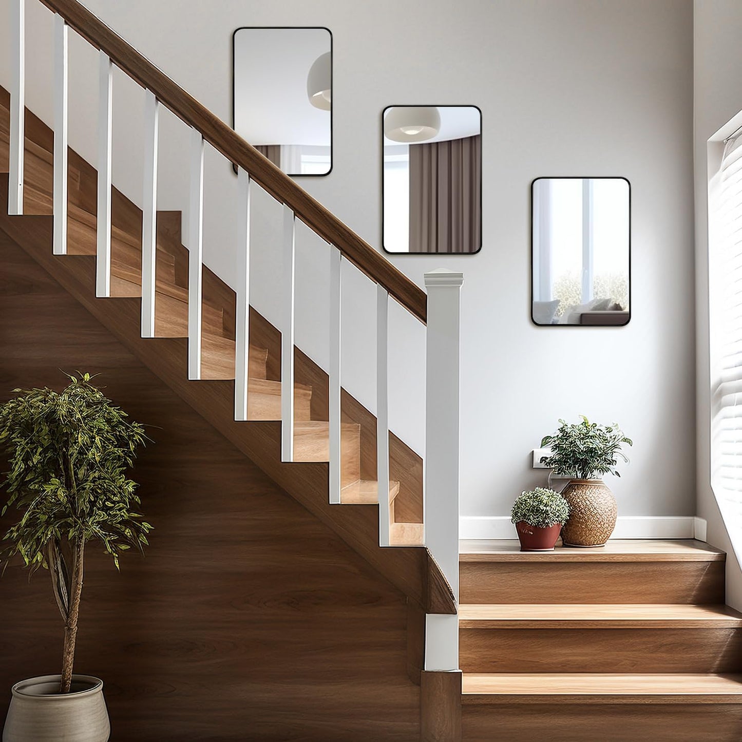 Wall Mount Small Mirror, Brushed Black Metal Framed Rounded Corner Rectangular Makeup Mirror for Bathroom, Bedroom, Living Room (12" x 16",Black)