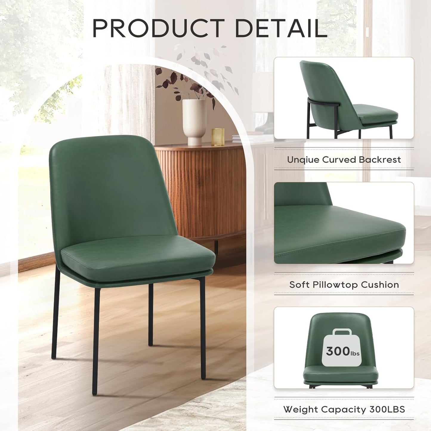 COLAMY Modern Dining Chairs Set of 6, Faux Leather Upholstered Dining Room Chairs Kitchen Chairs Dinner Chair with Curved Back and Metal Legs, Green