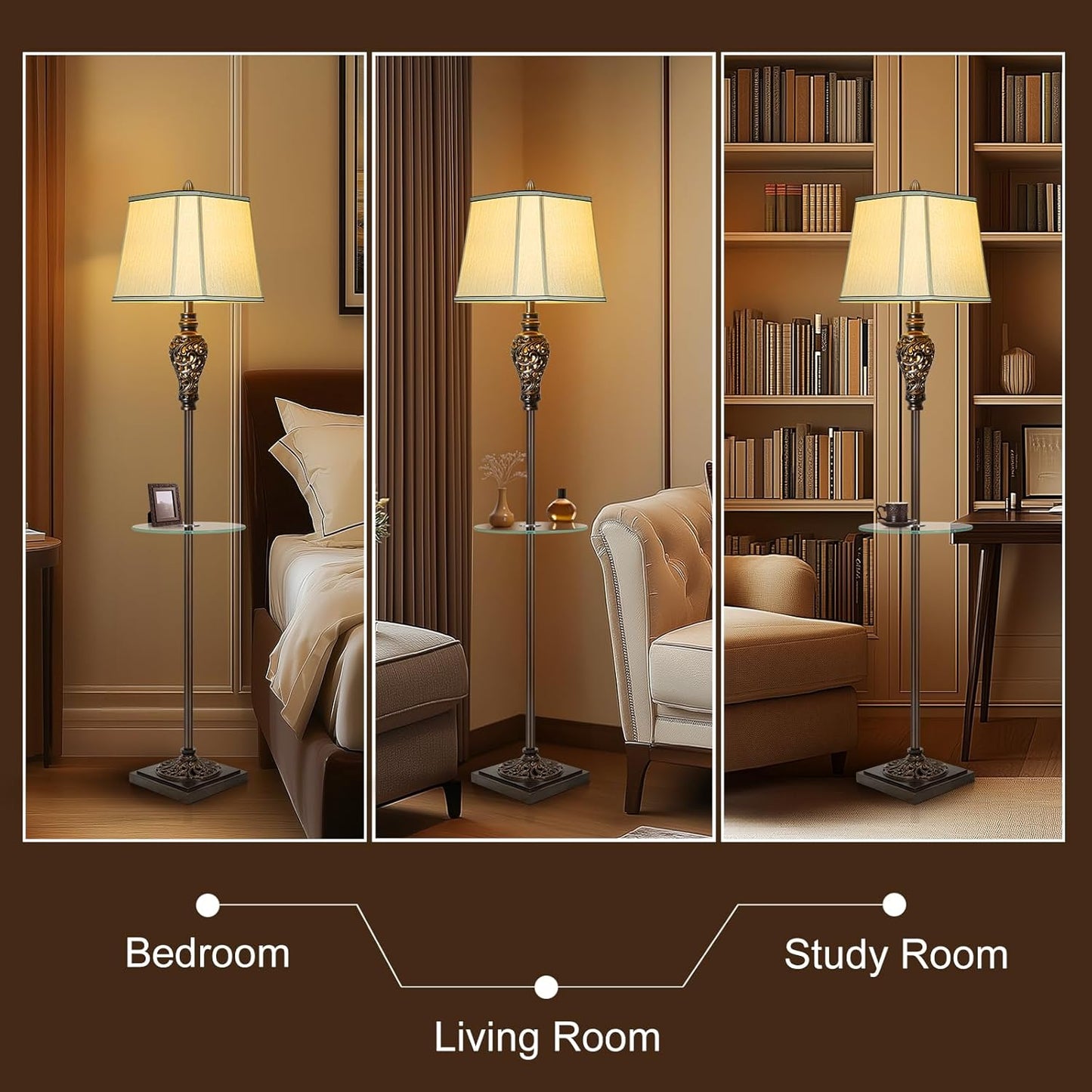 Rustic Floor Lamp for Living Room with Nightlight and Glass Tray, Vintage Standing Lamp with Beige Faux Silk Shade, Farmhouse Tall Lamp for Bedroom Study Home Office Hotel Bar - Brown (Bulb Included)