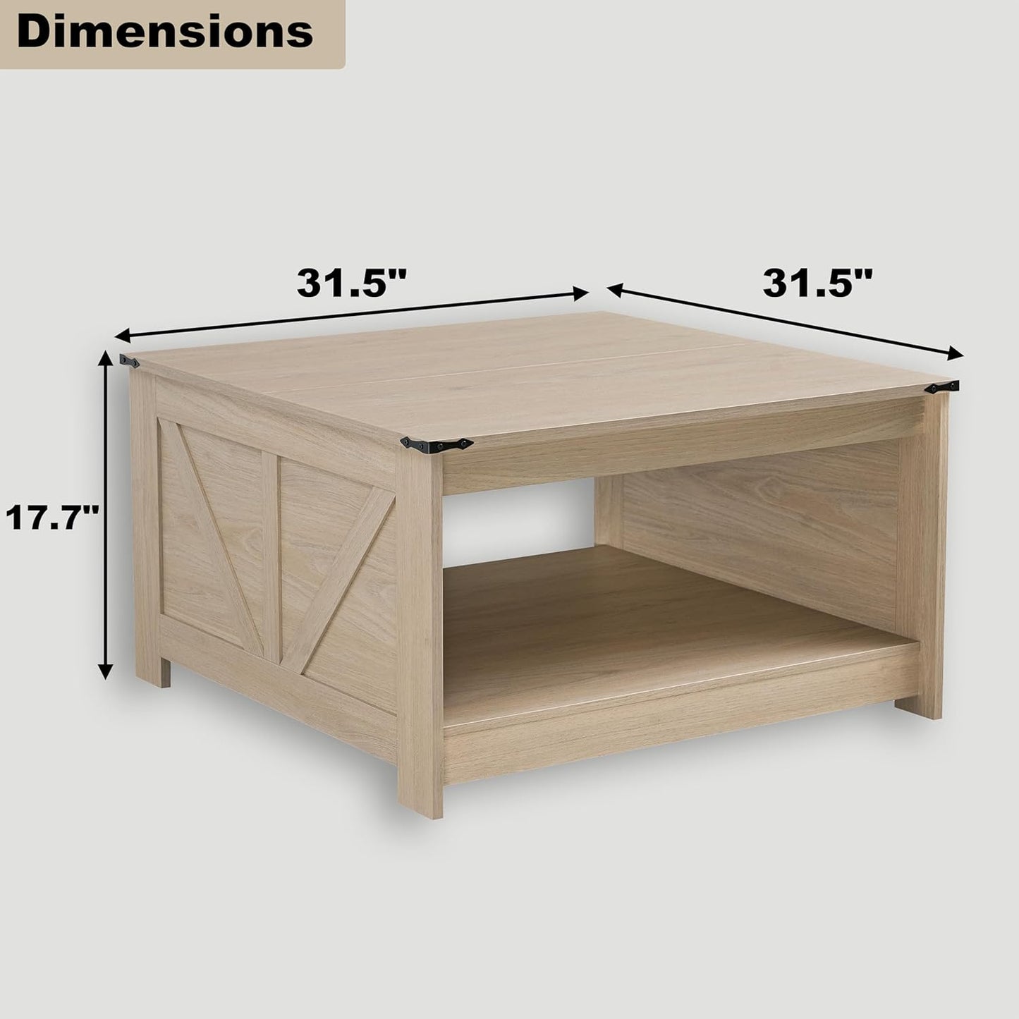 Farmhouse Coffee Table for Living Room, Wood Square Coffee Tables, 31.5" D x 31.5" W, Natural Oak
