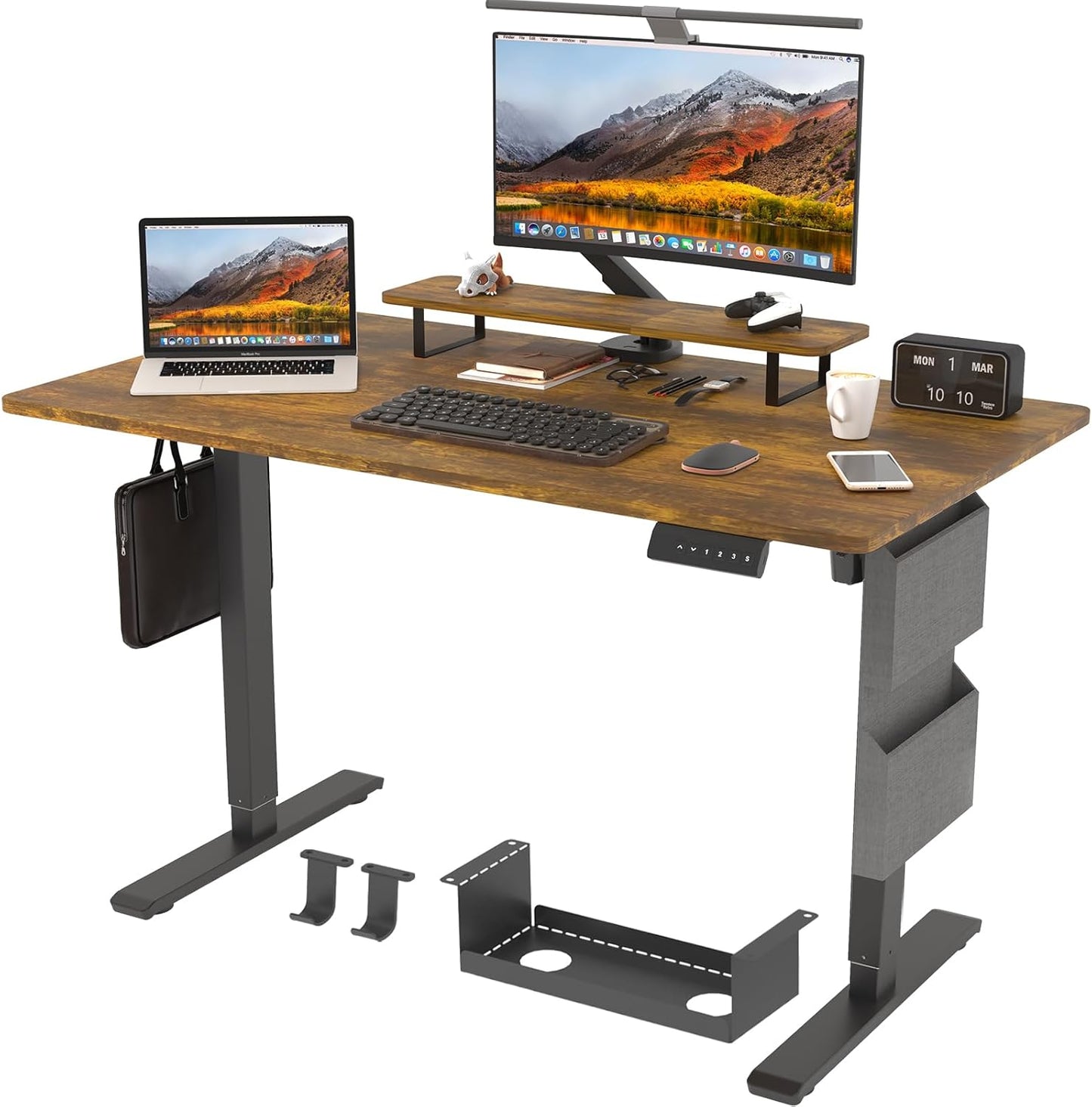 Whole Piece 1-Inch Thick Standing Desk with Side Storage Bag, Cable Management Tray, Monitor Stand Riser, Electric Adjustable Height Rising Table, Ergonomic Office Computer Desks 47.2x23.6 Inch