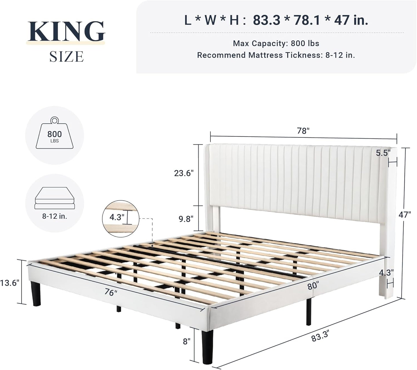 Allewie King Size Velvet Bed Frame/Vertical Channel Tufted Wingback Headboard/Upholstered Platform Bed/No Box Spring Needed/Strong Wooden Slats/Easy Assembly/White