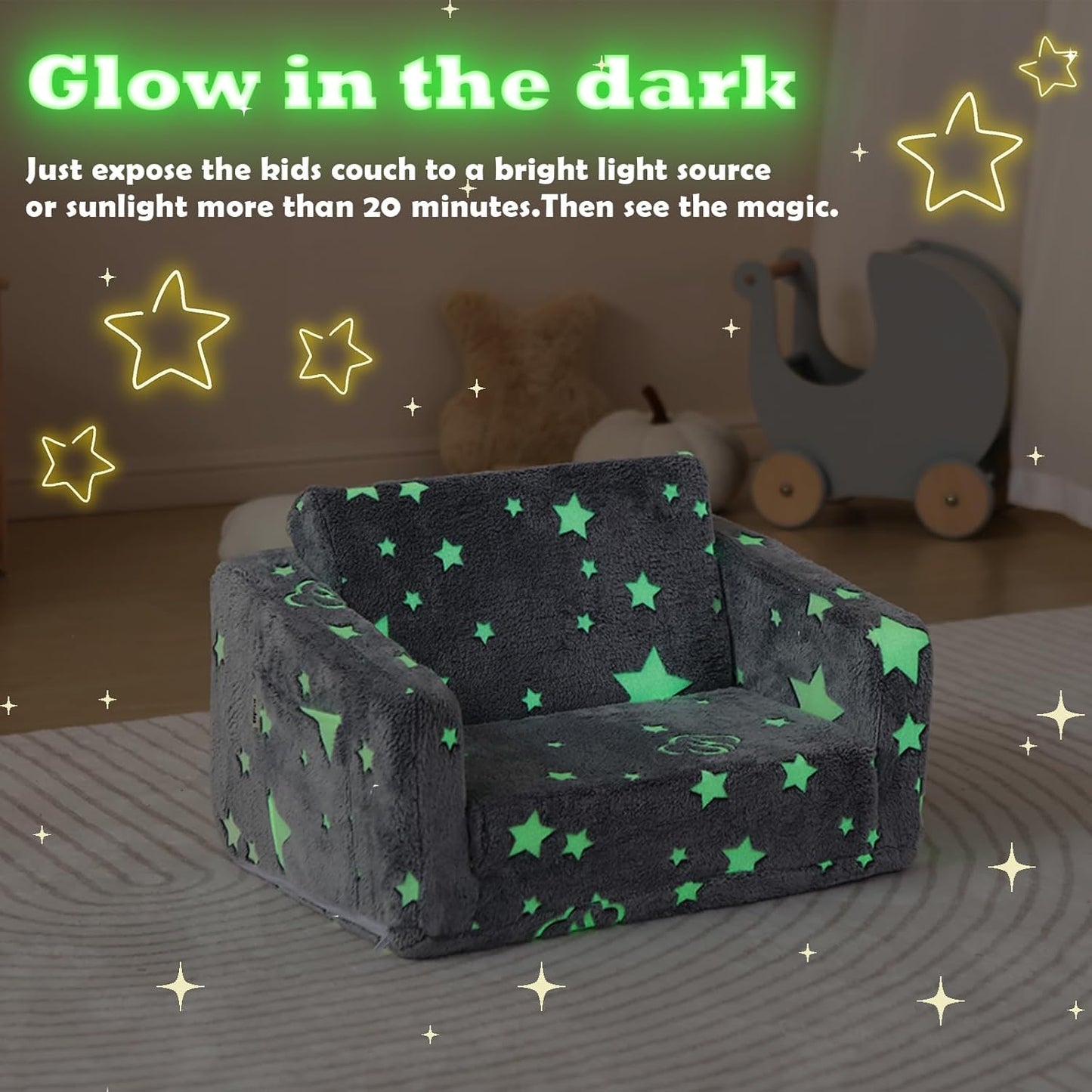 Kids Couch Fold Out, Foldable Toddler Couch with Blanket, Kids Sofa for Girls & Boys, Flip Out Toddler Chair, Convertible Sofa to Lounger for Children Age 1-3 (Glow Star)