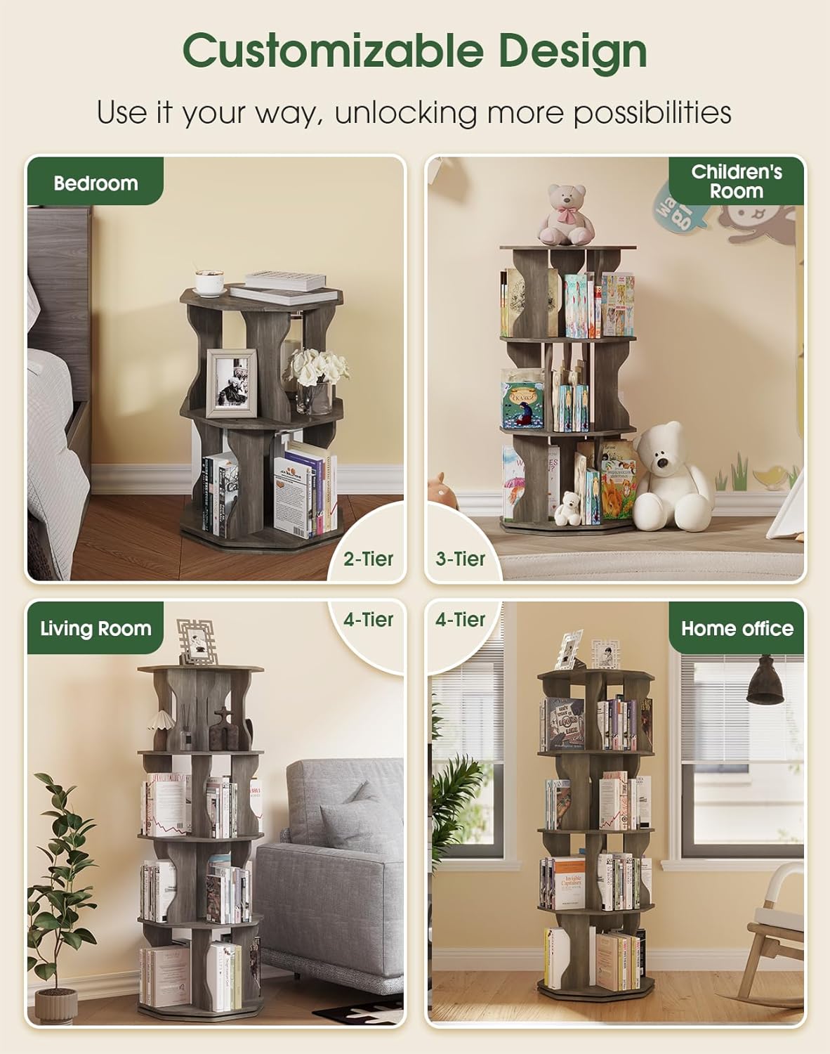 4 Tier Rotating Bookshelf, Spinning Bookshelf Tower Lazy Susan, Corner Revolving Storage Rack for Bedroom, Study Room, Kids Room, Living Room, Office, Gray