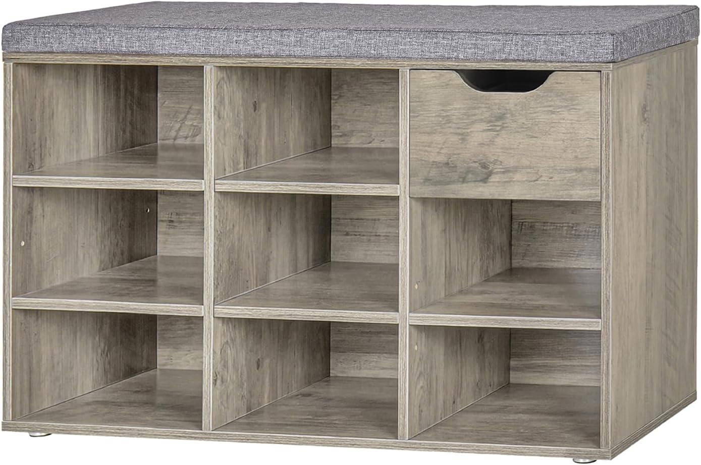DINZI LVJ Shoe Bench, Entryway Storage Bench with Drawer and 8 Cubbies, Cubby Shoe Rack with Adjustable Shelves, Shoe Organizer Cabinet for Living Room, Bedroom, Mudroom, Closet and Garage, Grey Wash