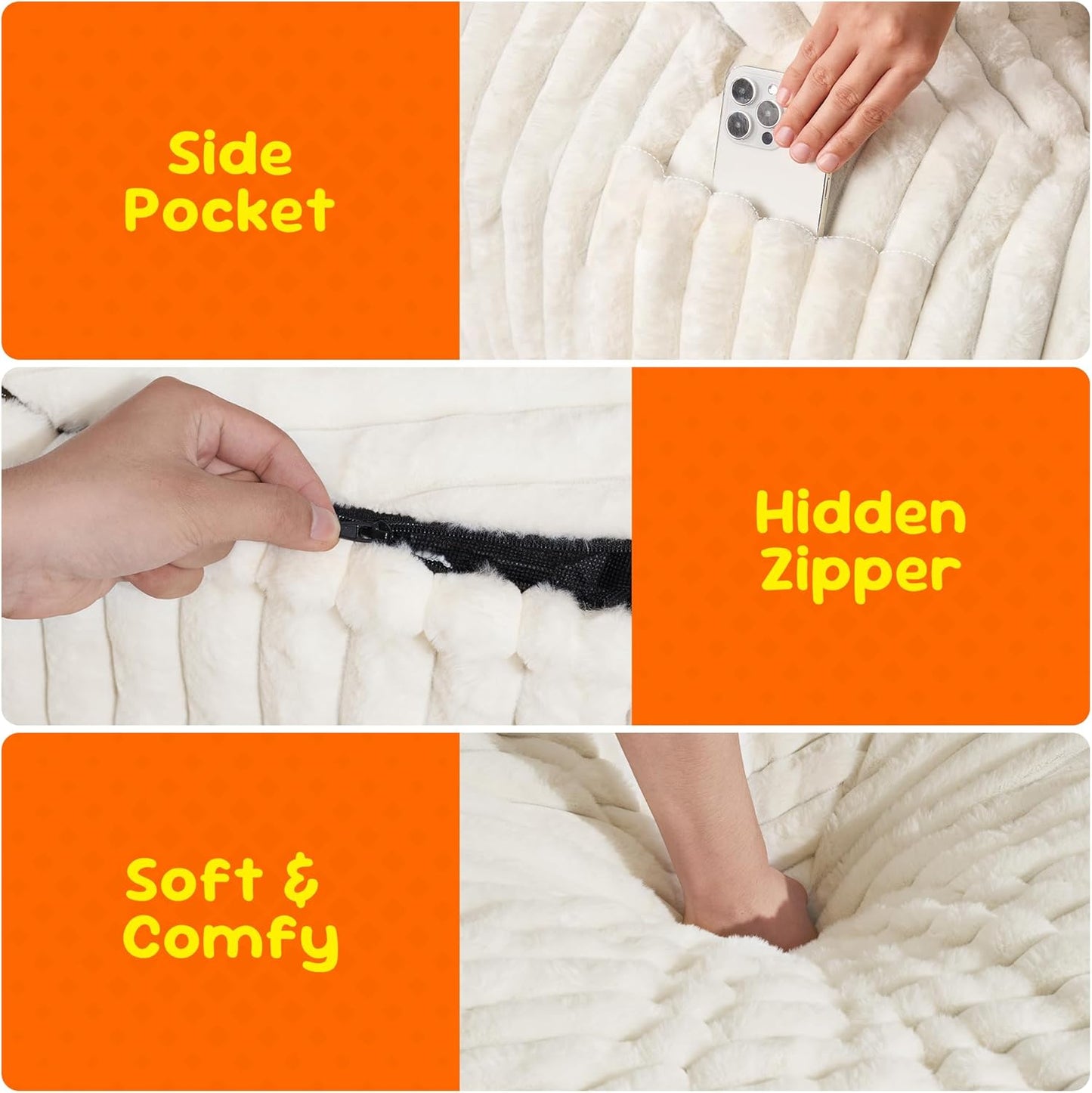 Hobestluk Bean Bag Chairs 2.5FT Bean Bag Chair with Memory Foam Filled & Stripe Plush Cover Small Bean Bag Chairs for Playroom, Living Room, Bedroom (White)