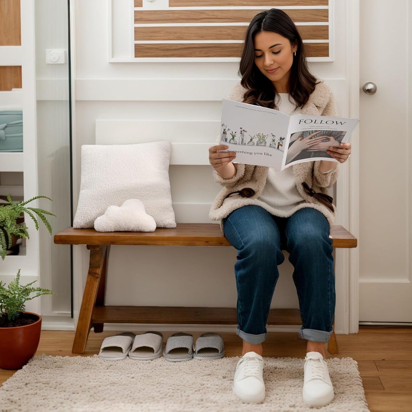 43 Inch Farmhouse Storage Bench, Rustic Solid Wood Entryway Bench for Living Room, Dining Room, Hallway | Indoor Seating with Natural Wood Finish
