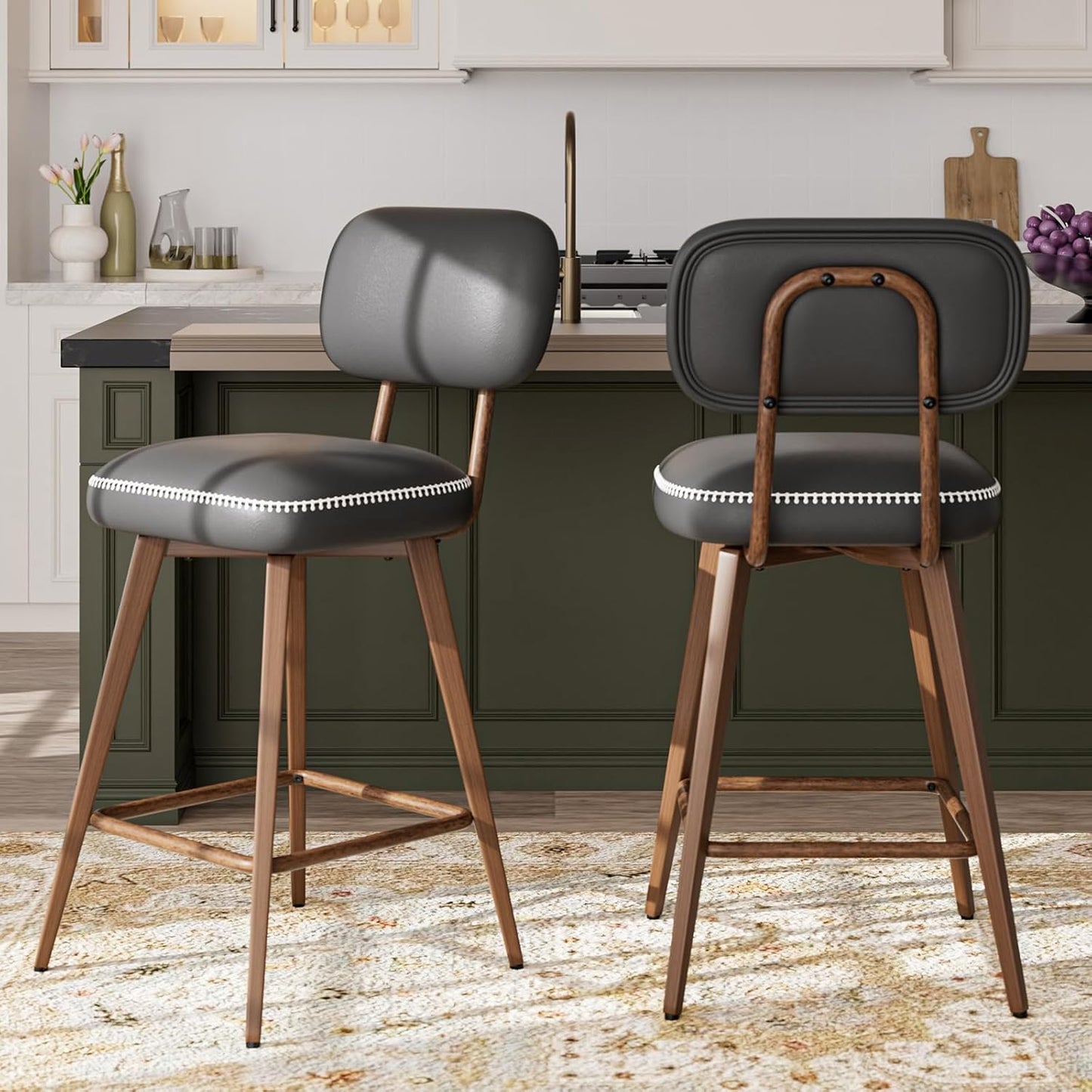 Swivel Bar Stools Set of 3, Mid Century PU Leather Counter Height Bar Chairs with Low Back and Metal Legs, Modern Bar Stool Chair for Kitchen Island, Black
