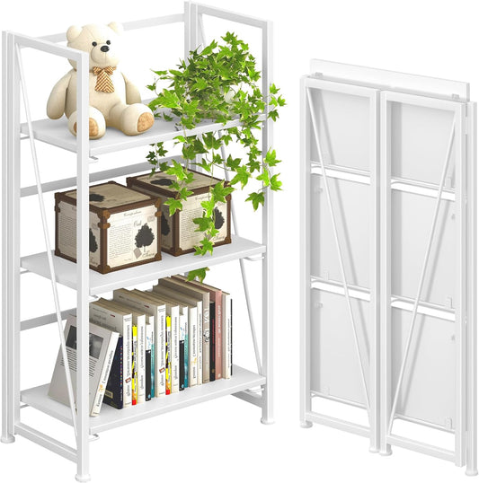 4NM No-Assembly Folding Bookshelf Storage Shelves 3 Tiers Vintage Bookcase Standing Racks Study Organizer Home Office (All White)