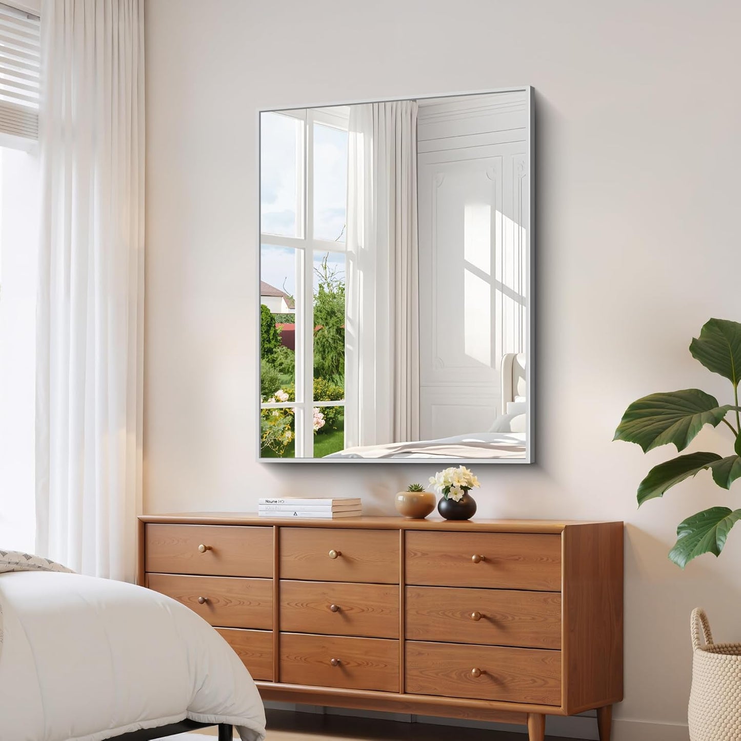 YIROMAN Bathroom Mirror 48"x36", Large Brushed Silver Bathroom Mirror for Over Sink with Aluminum Frame, Rectangular Vanity Mirror with Right Angle, Wall Mirror Hangs Horizontal or Vertical