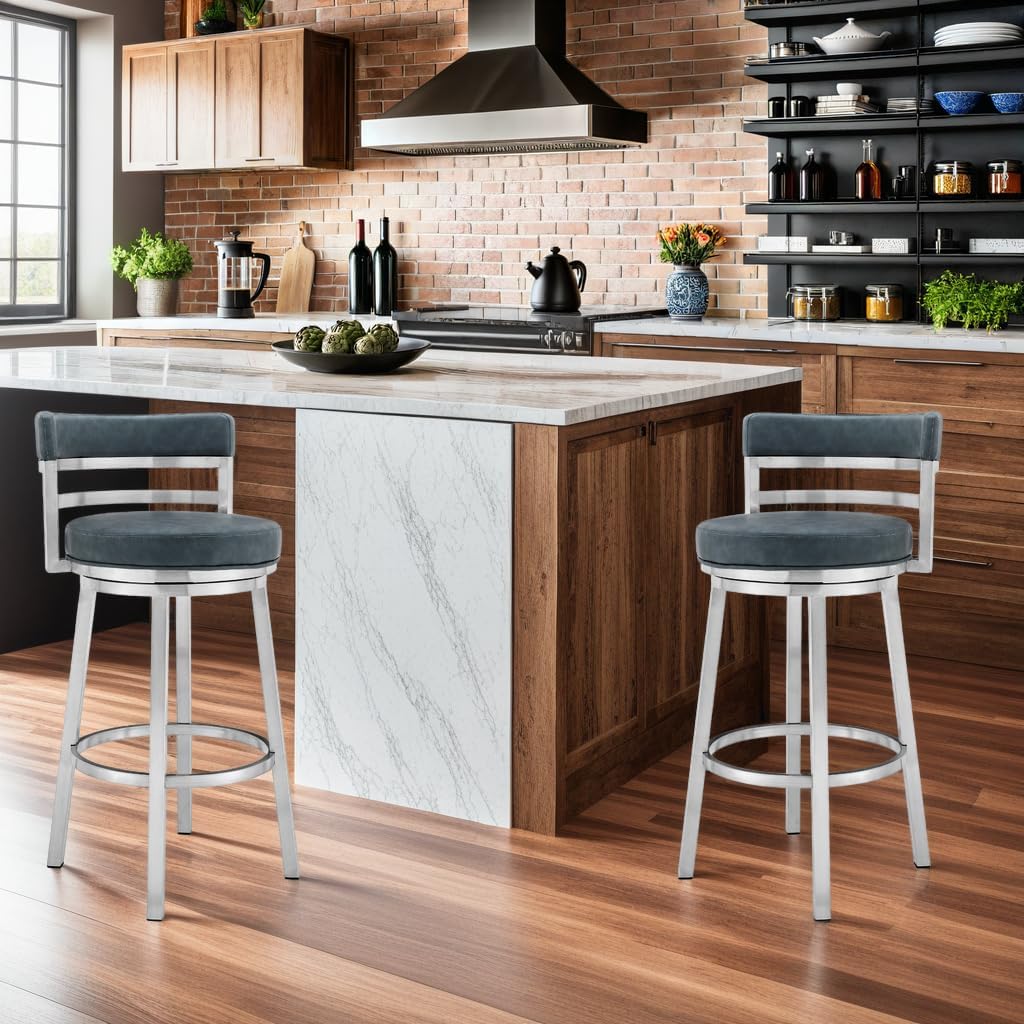 Armen Living Madrid 26" Seat Height Swivel Modern Blue Faux Leather and Brushed Stainless Steel Bar Stool for Kitchen Island Counter