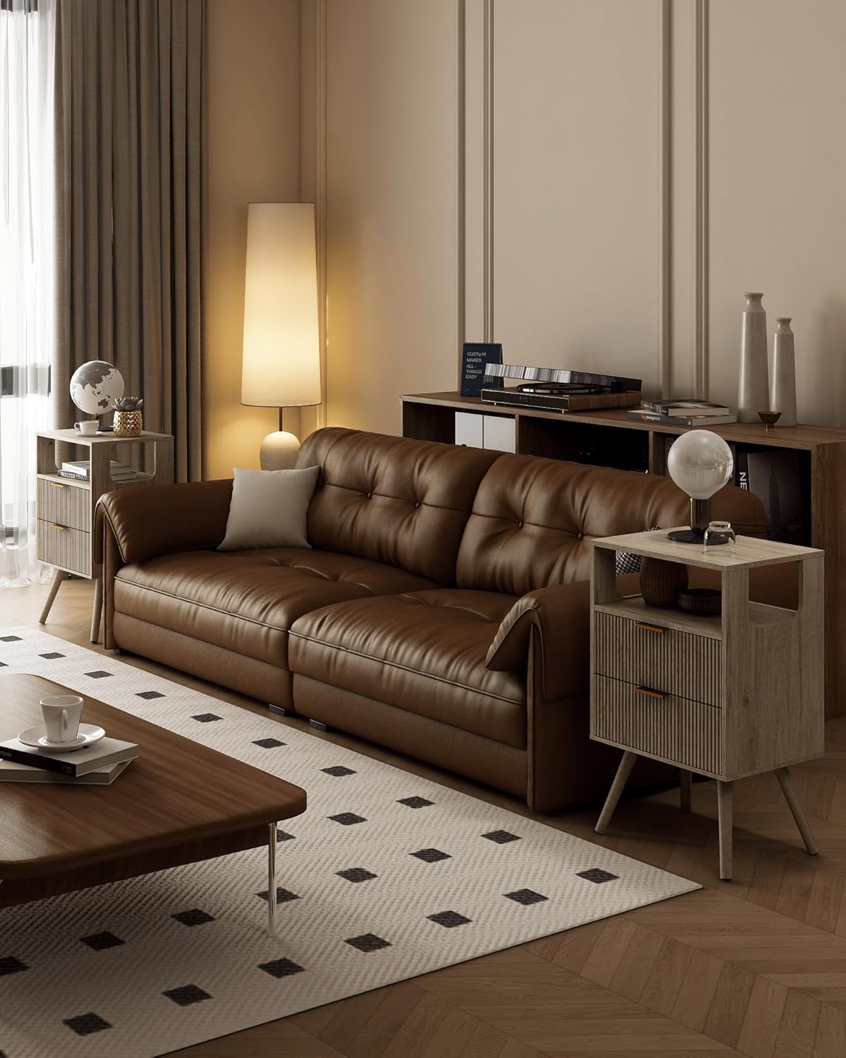 Grey Nightstand,Modern Bedside Table with 2 Storage Drawer and Open Wood Shelf, for Bedroom and Small Spaces,Night Stand with Solid Wood Legs,Grey Oak