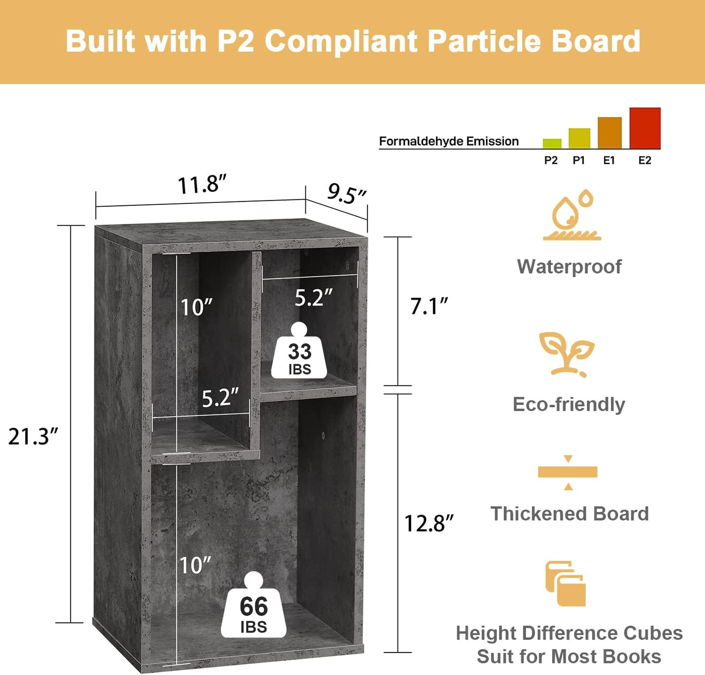 VECELO 3-Cube Open Bookcase, Small Bookshelf with Height Difference Shelves for Most Books, Horizontal Available, 2-Tier Storage Organizer for Home Office, Living Room, Grey