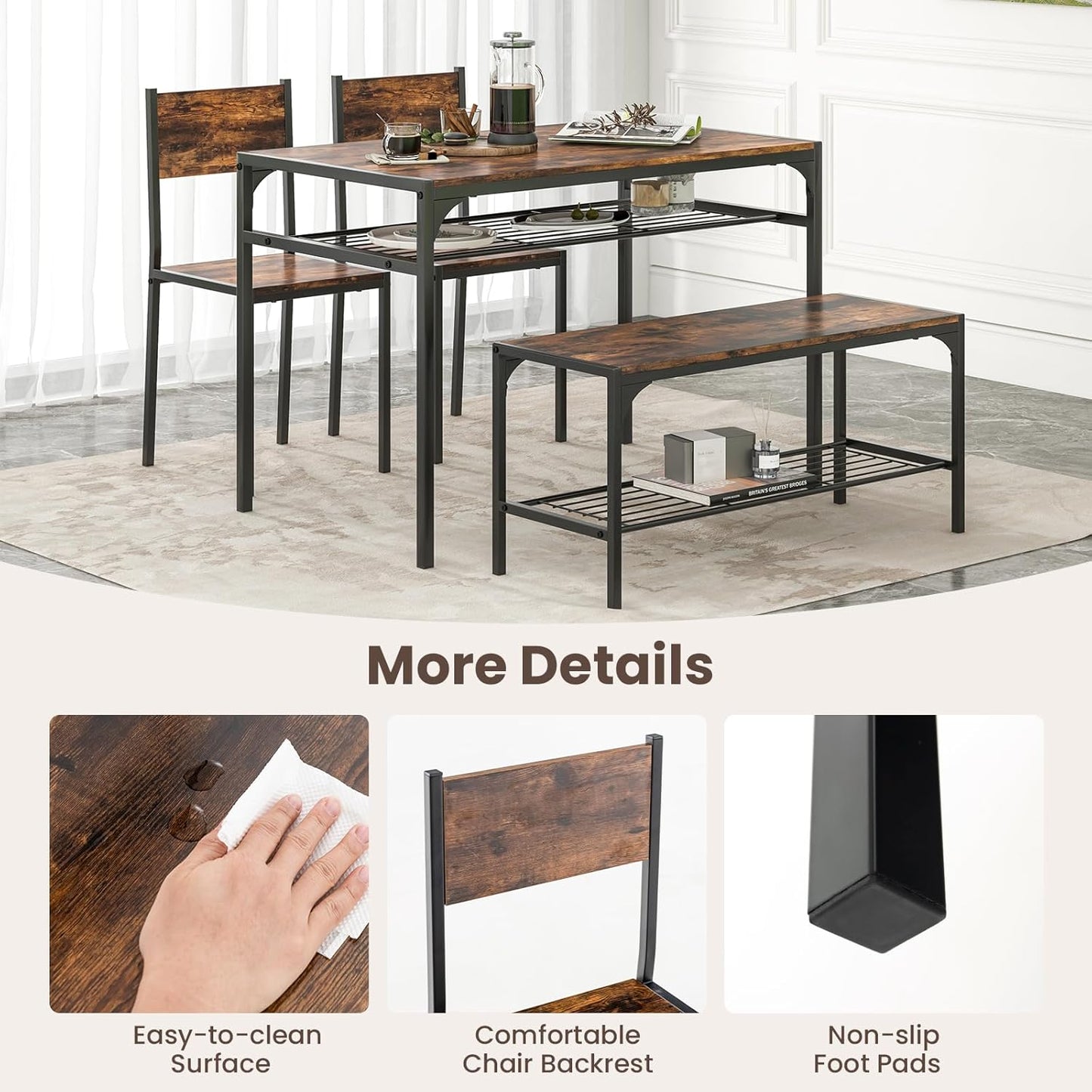 Giantex Dining Table Set for 4, Kitchen Table with Chairs & Bench, Storage Racks, Metal Frame, 4-Piece Space-Saving Dinette Set for Dining Room, Breakfast Nook, Small Space, Apartment,Rustic Brown