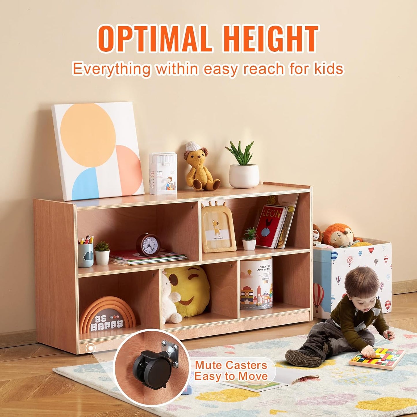 VEVOR Cubby Toy Organizer Storage Cabinet, 5-Compartment Cubby Storage Shelf, 48''W Kids Toy Storage Cabinet 2-Shelf, Classroom Cubbies, Classroom Furniture for Home, Daycare and Preschool, Natural