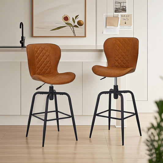 VECELO Quilted Bar Stools Set of 2, Adjustable Bar Height Swivel Bar Stools with Back, PU Leather with Stitching, Mid-Century Modern, 100% Virgin Cotton, 28~31" Tall, for Kitchen, Pub, Caramel Brown