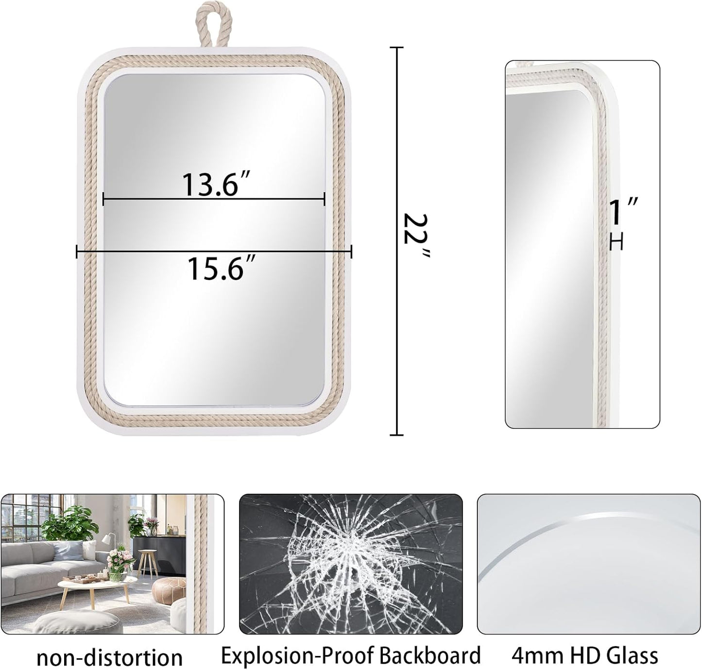Nautical Rope Mirror Rectangular Hanging Mirrors for Wall 22''Lx16''W White Decorative Mirror Farmhouse Mirror with Rope for Bathroom,Livingroom,Entryway-Beachy Coastal Wall Decor