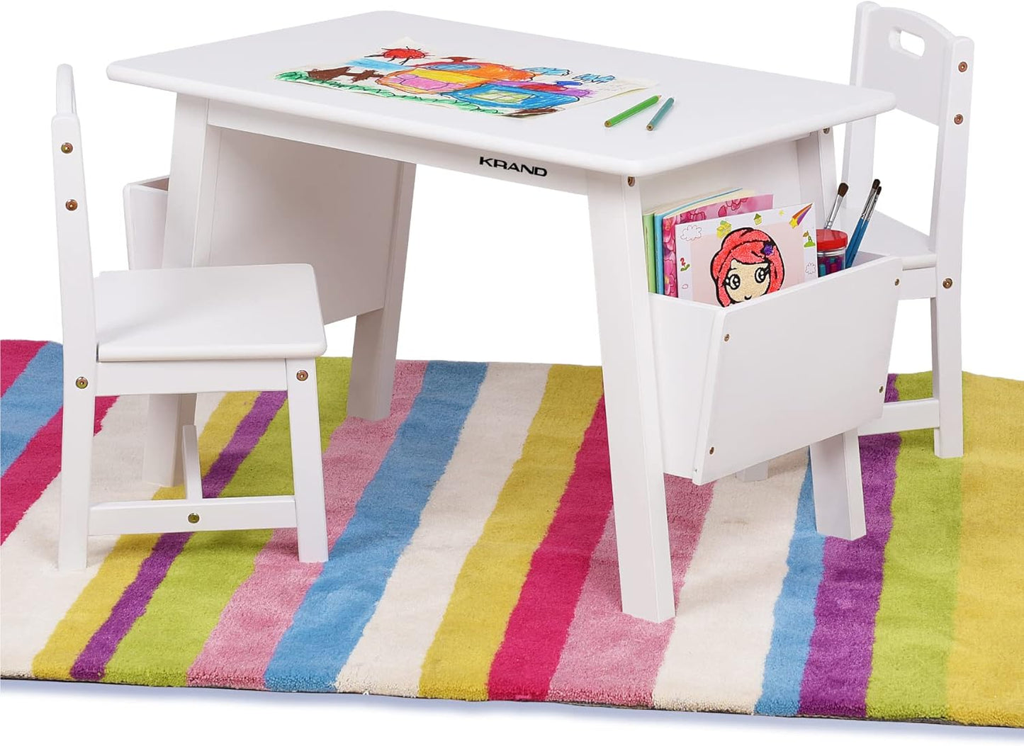 Kids Solid Wood Table and 2 Chair Set with Built-in Storage Cases Children's Storage Table and Chair Set for Toddlers Boys and Girls (Bianca White)