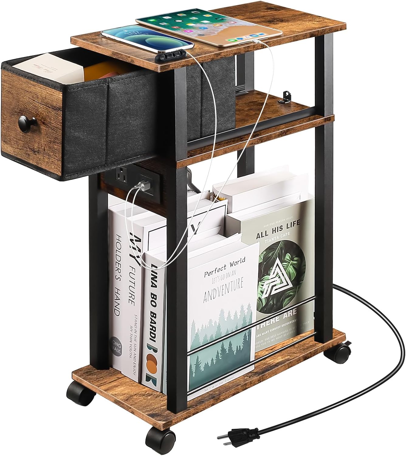 Side Table with Charging Station and Drawer, Narrow End Table with USB Ports and Outlets for Small Space, Living Room, Bedroom and Office, with 4 Wheels (1, Rustic Brown + Black)