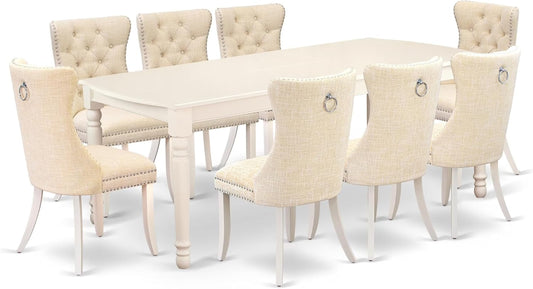 East West Furniture DODA9-LWH-32 9 Piece Kitchen Table Set Contains a Rectangle Dining Table with Butterfly Leaf and 8 Polyester Fabric Upholstered Chairs, 42x78 Inch, linen white