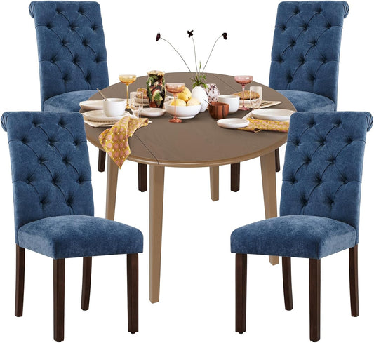 COLAMY 5-Piece Extendable Dining Table Set for 4, 36" Kitchen Round Wood Table with 4 Tufted Dining Room Chairs,Light Brown/Blue