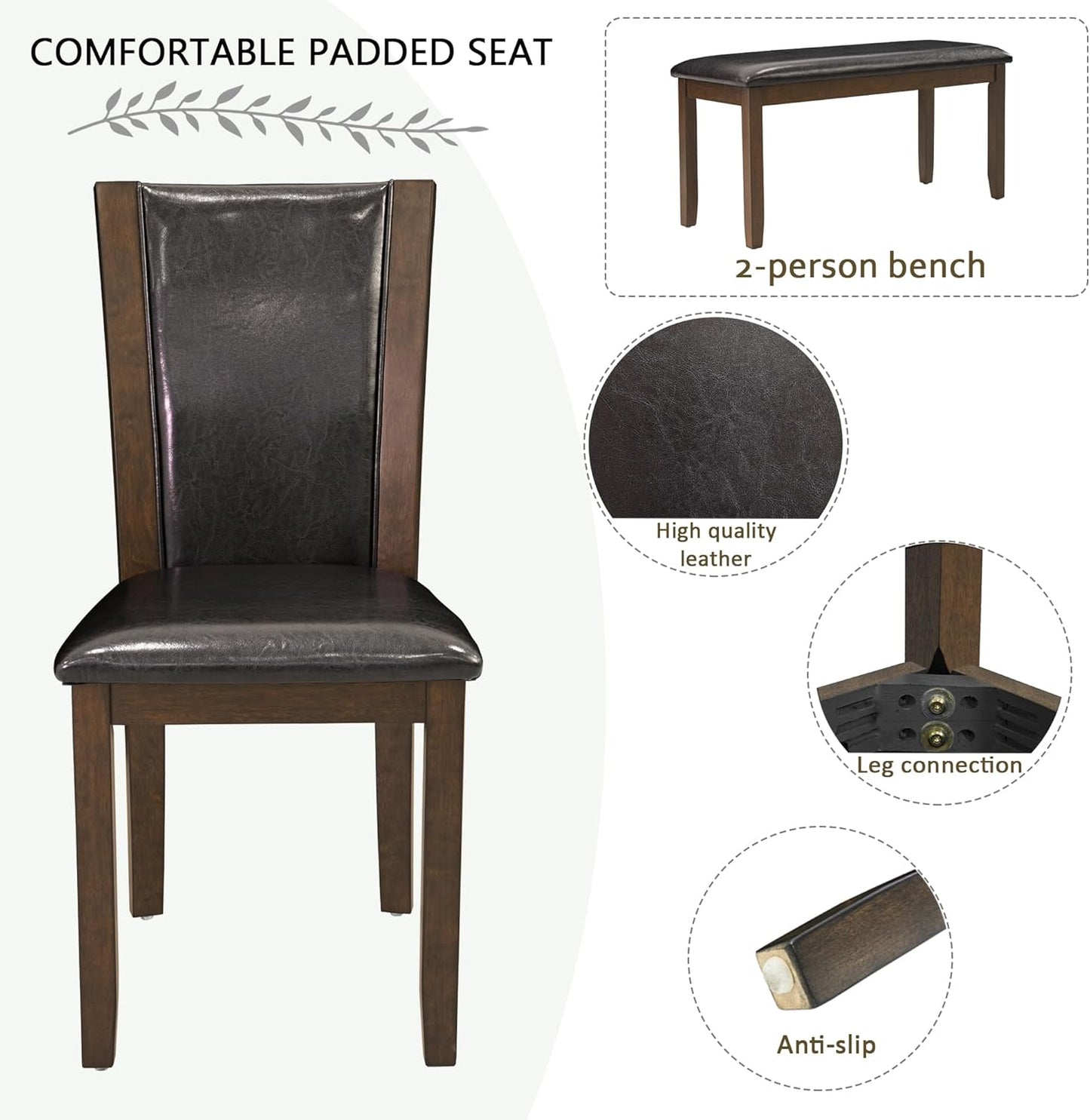 soges 6-Piece Large Dining Table Set with Leather Bench and Chairs, Wooden Dining Table Chairs Set for 6, Modern 6 Person Dining Room Set, Dark Walnut